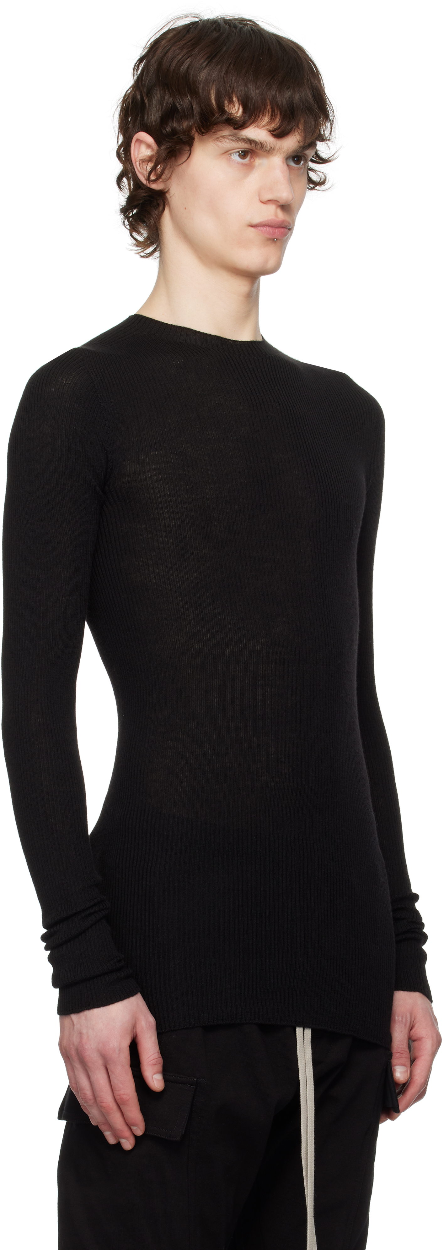 Rick Owens Black Hollywood Ribbed Round Neck Sweater In 09 Black