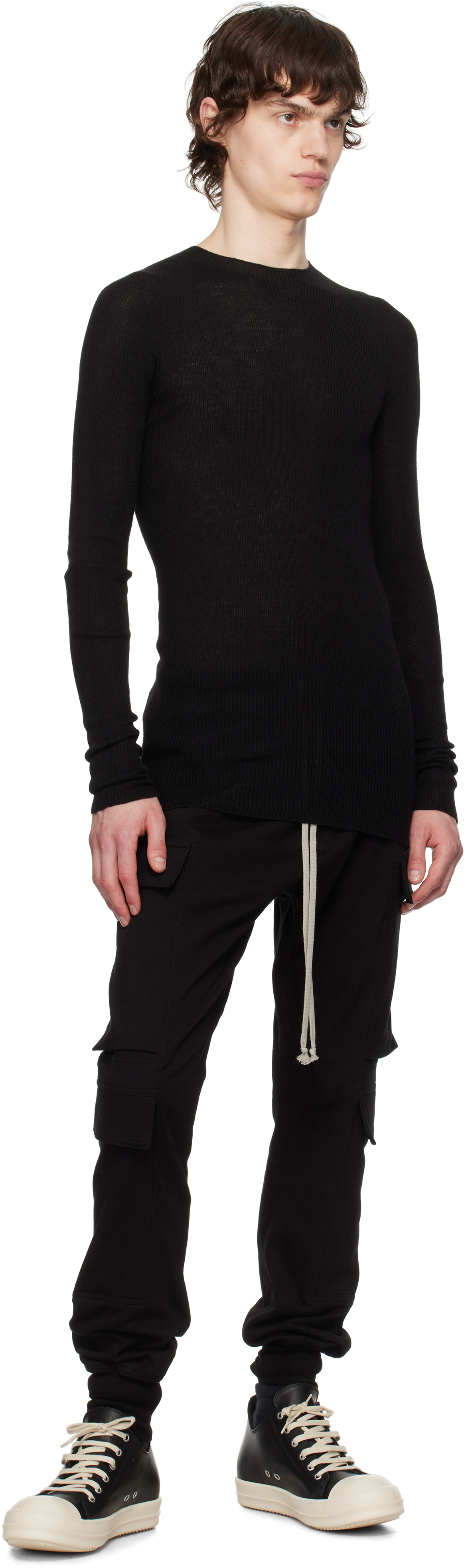 Rick Owens Black Hollywood Ribbed Round Neck Sweater In 09 Black