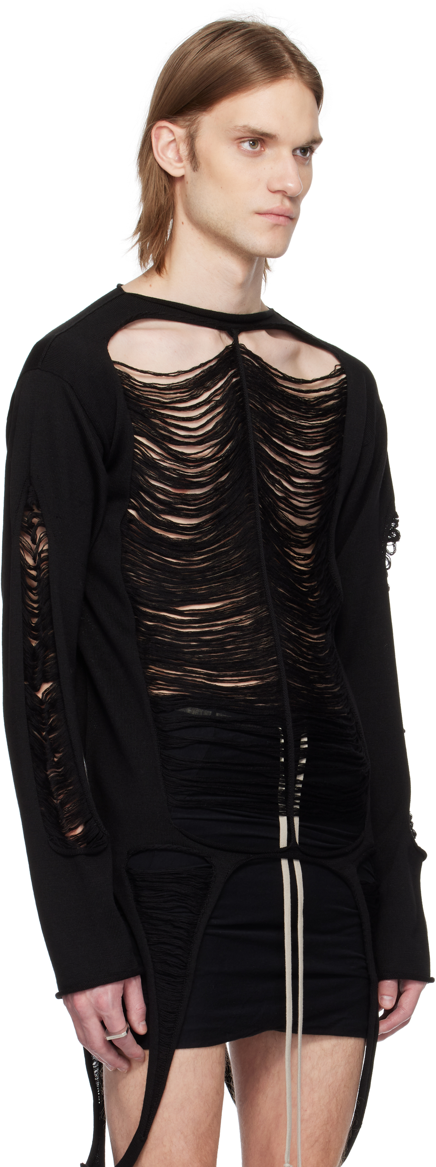 Rick Owens Black Virgin Wool Long-sleeve Top With Asymmetric Hem In 09 Black