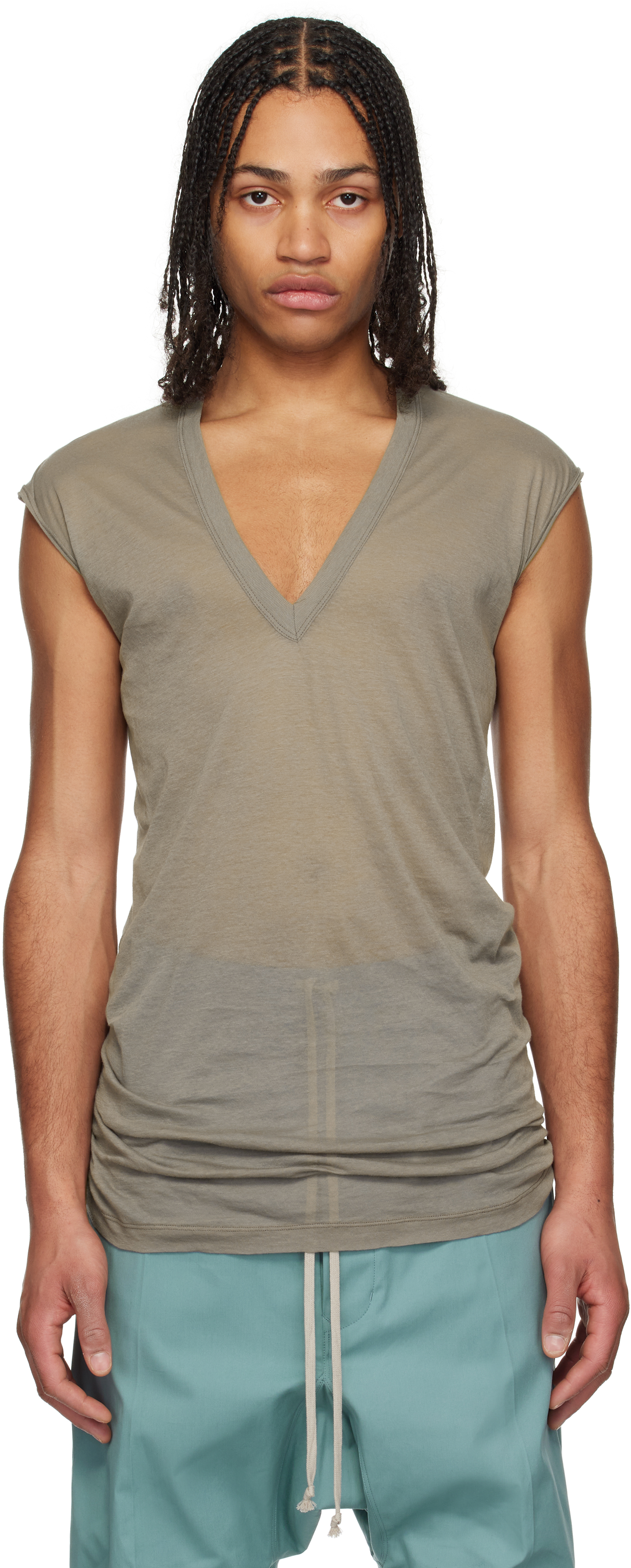 【関税込み】Rick Owens トープ Hollywood Deep V SL トップス Taupe Hollywood Deep V SL T-shirt by Rick Owens on Sale