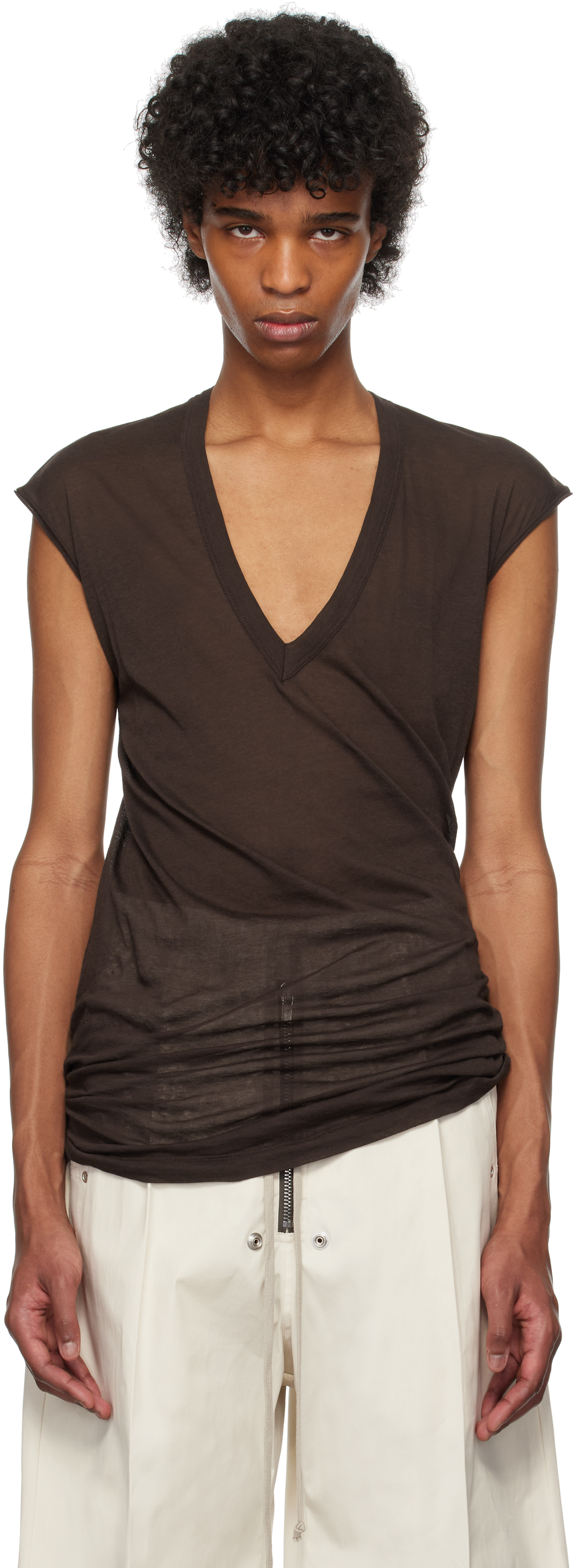 【関税込み】Rick Owens ブラウン Hollywood Deep V SL トップス Rick Owensのブラウン Hollywood Deep V SL トップスがセール中