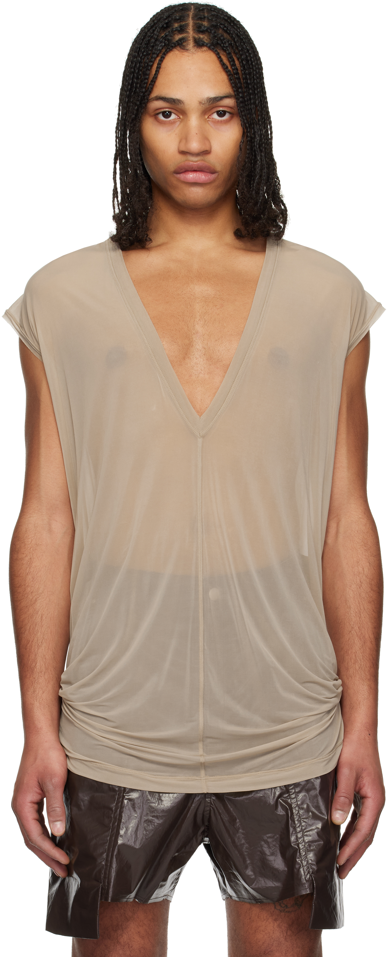 【関税込み】Rick Owens グレー Hollywood Deep V SL トップス Taupe Hollywood Deep V SL T-shirt by Rick Owens on Sale