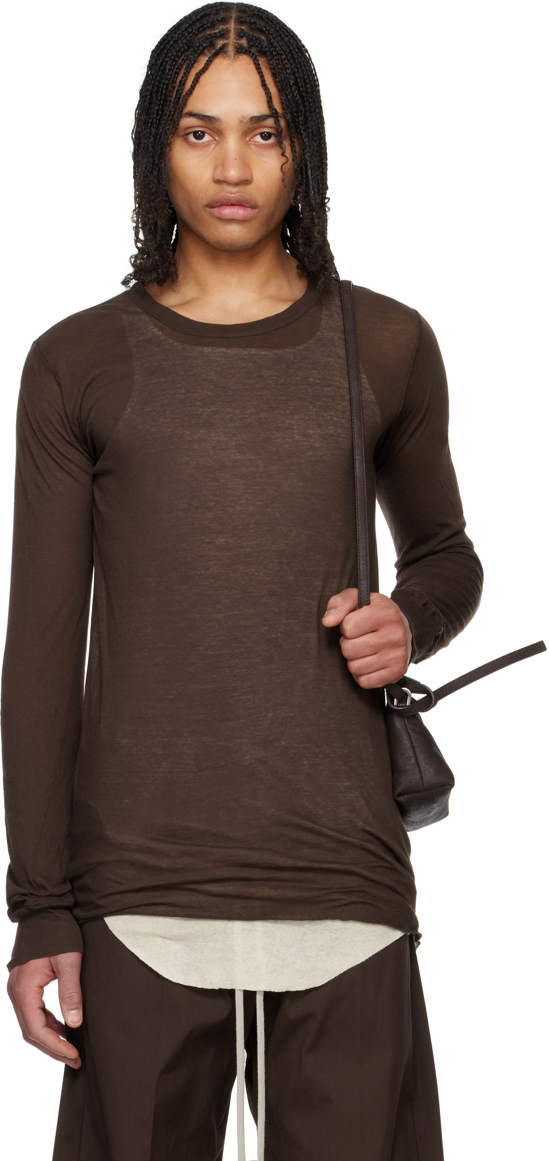 【関税込み】Rick Owens ブラウン Hollywood Basic 長袖Tシャツ Rick Owens Double ロングTシャツ | ブラウン | FARFETCH JP