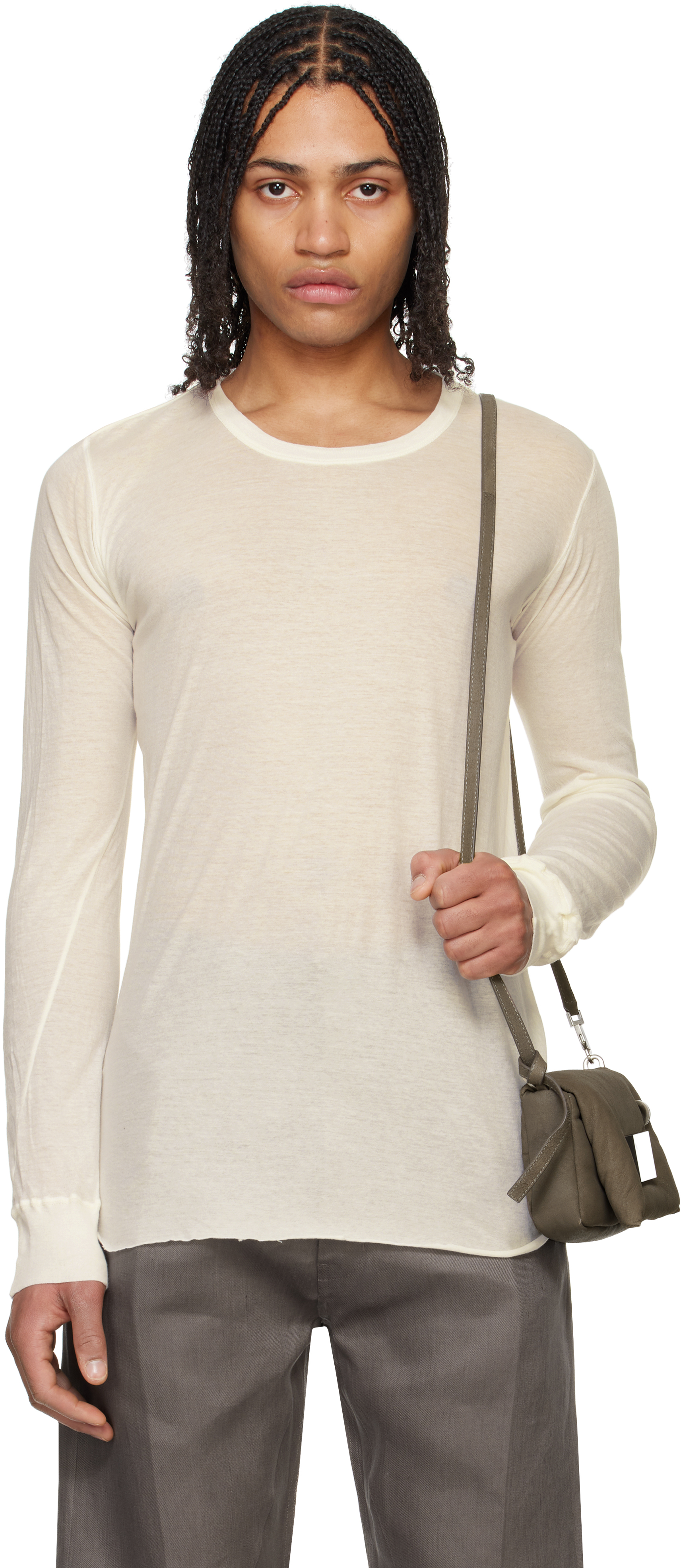 RICK OWENS Hollywood リブ 長袖 Tシャツ Rick Owens: オフホワイト Hollywood リブ 長袖Tシャツ | SSENSE