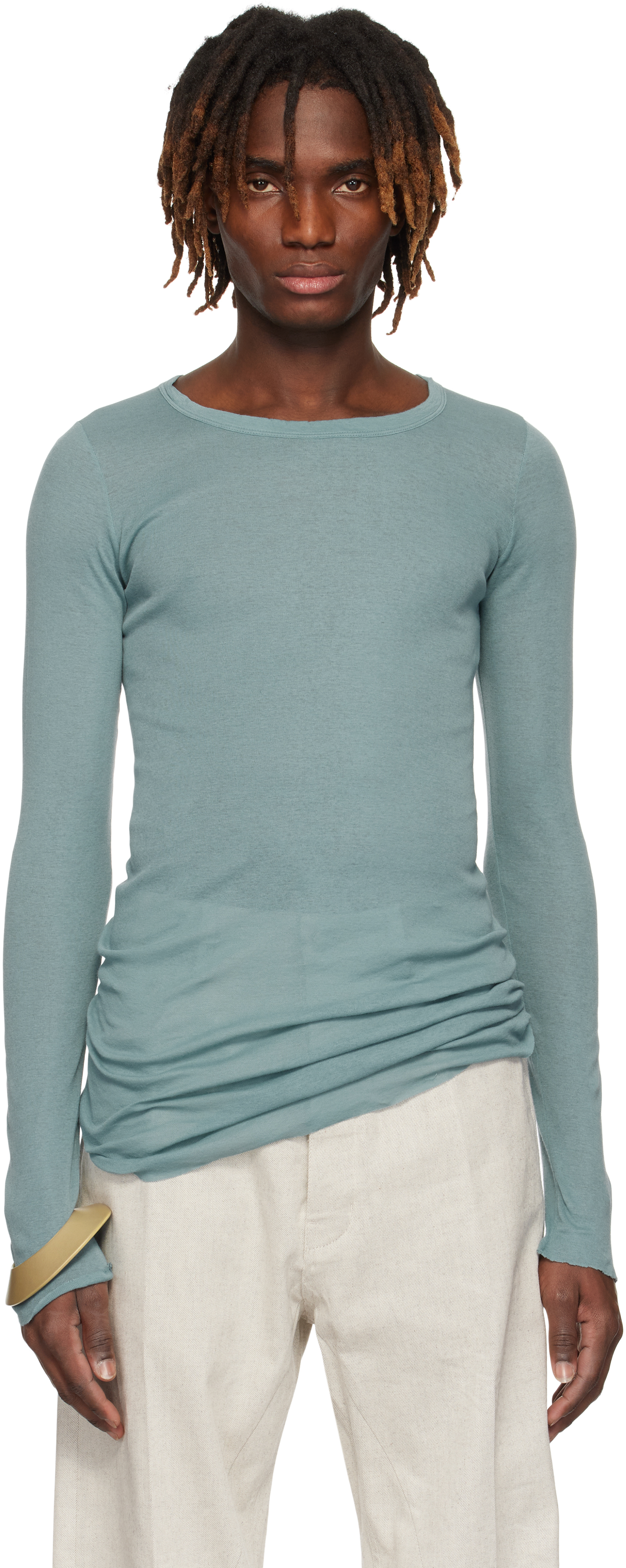 【関税込み】Rick Owens ブルー Hollywood Rib 長袖Tシャツ Rick Owens: ブルー Hollywood Rib 長袖Tシャツ | SSENSE 日本