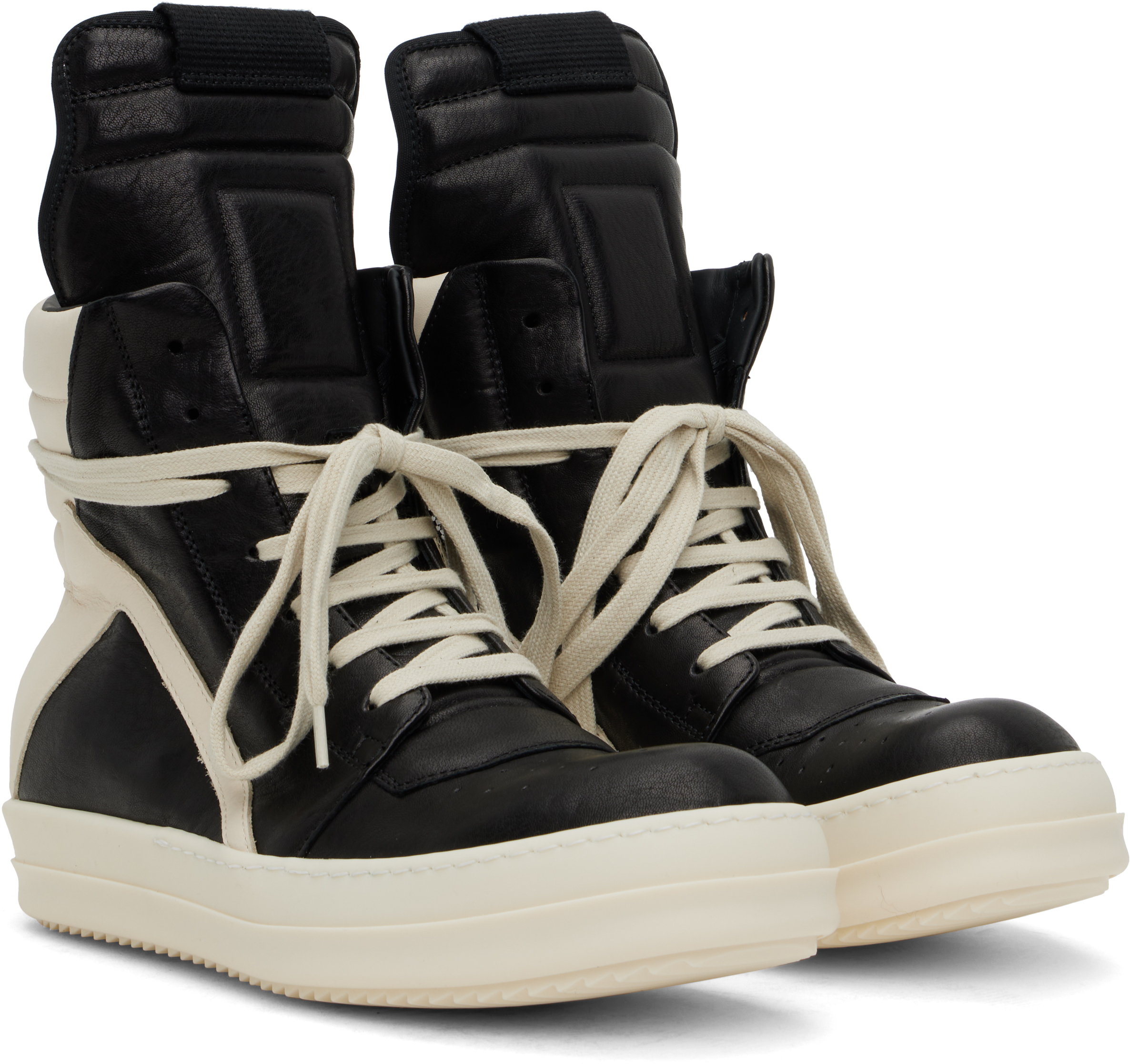 Rick Owens Black & Off-white Hollywood Geobasket Sneakers In 911 Black/milk/milk