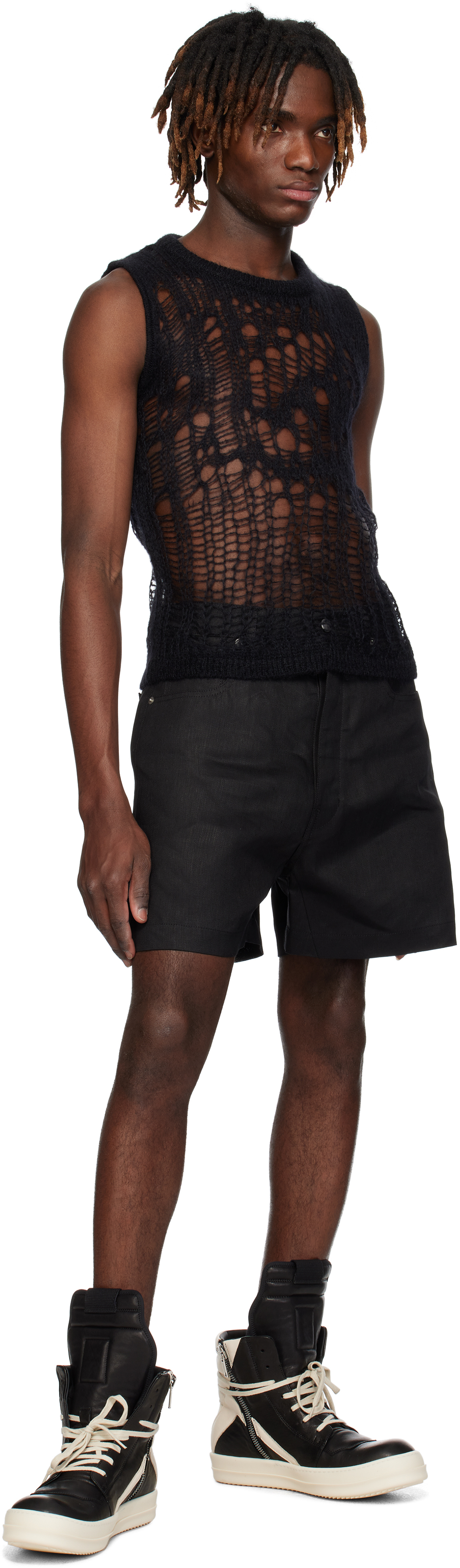 Rick Owens Black & Off-white Hollywood Geobasket Sneakers In 911 Black/milk/milk