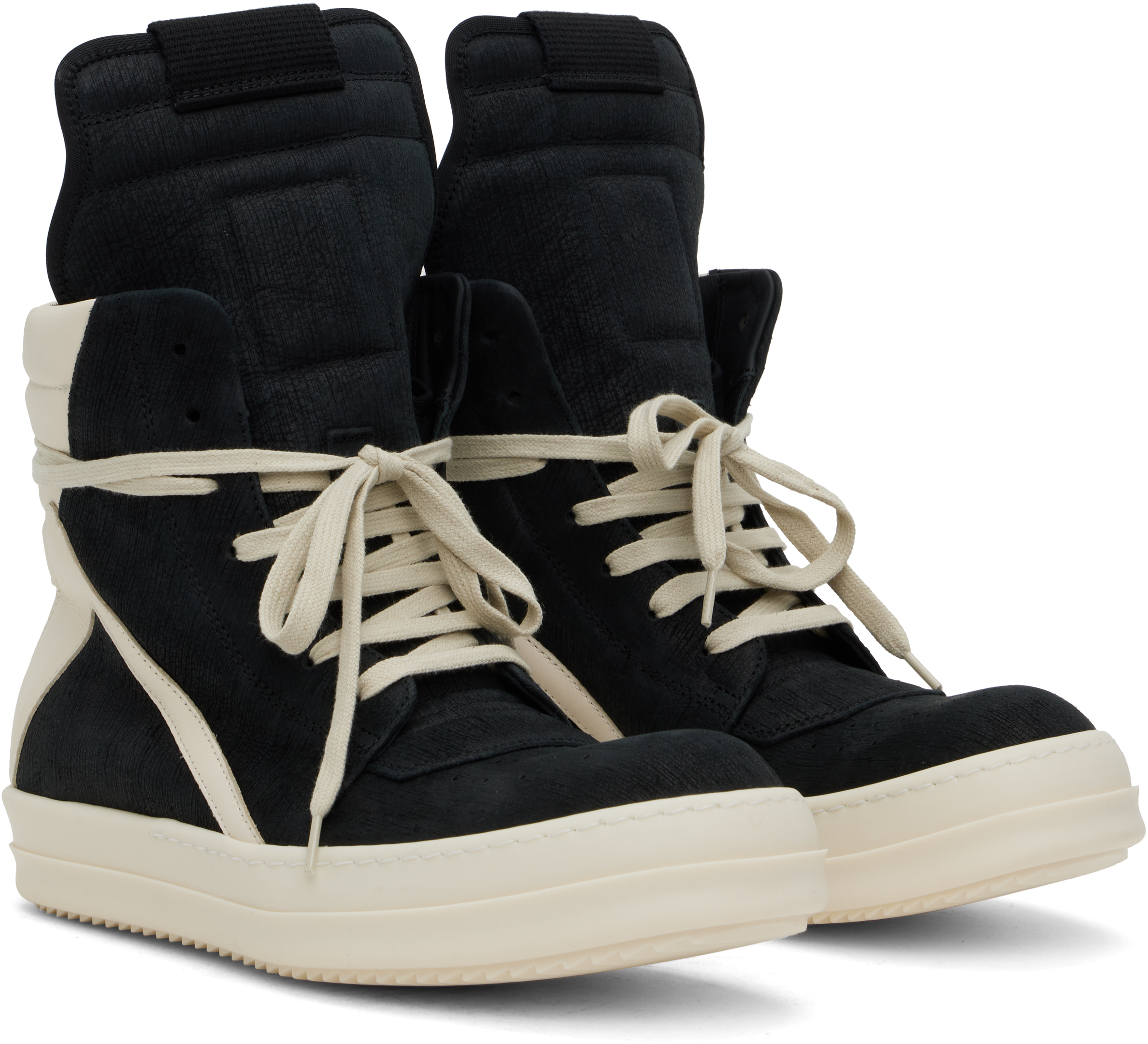 Rick Owens Black & Off-white Hollywood Geobasket Sneakers In 911 Black/milk/milk