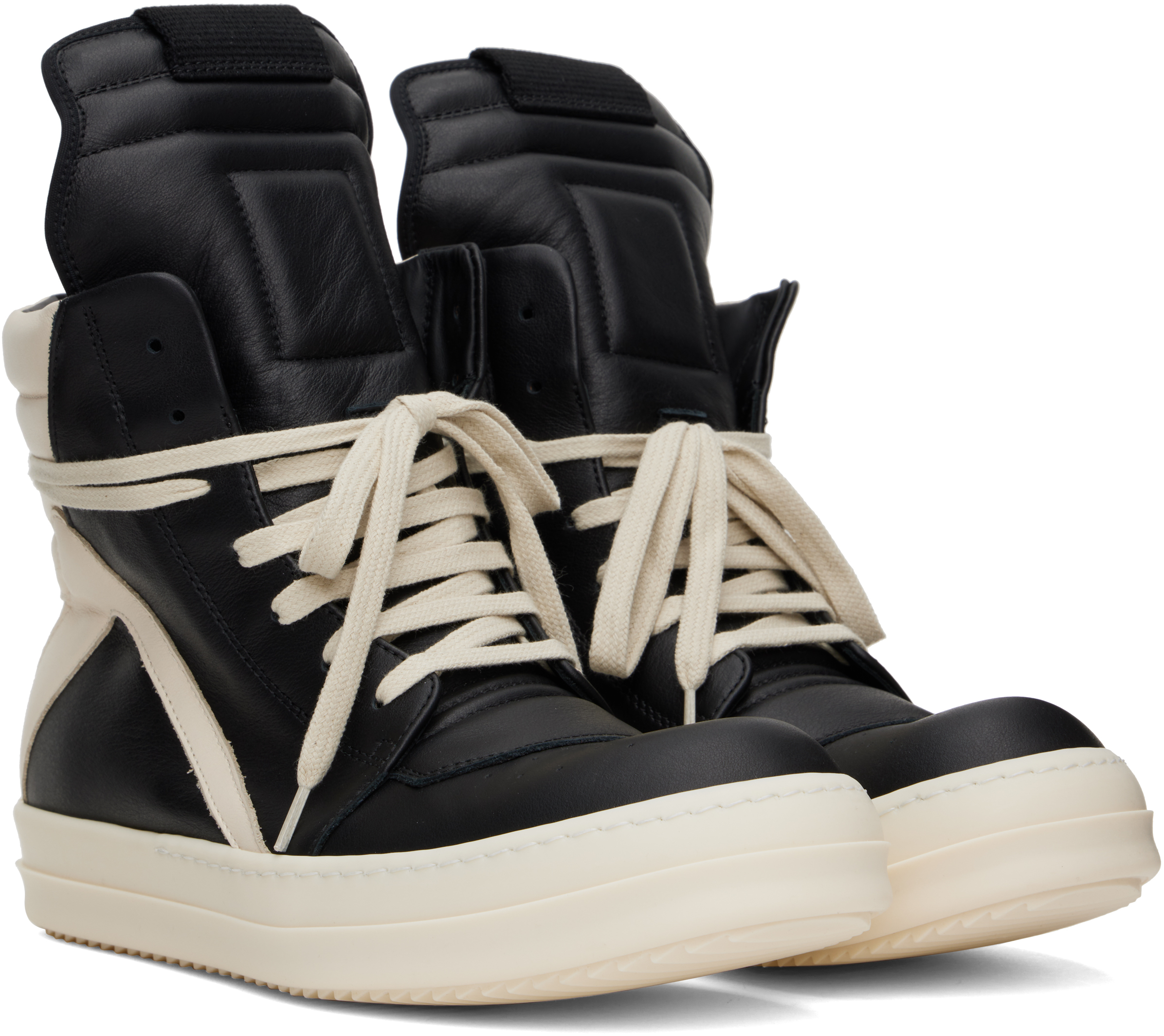 Rick Owens Black & Off-white Hollywood Geobasket Sneakers In 911 Black/milk/milk