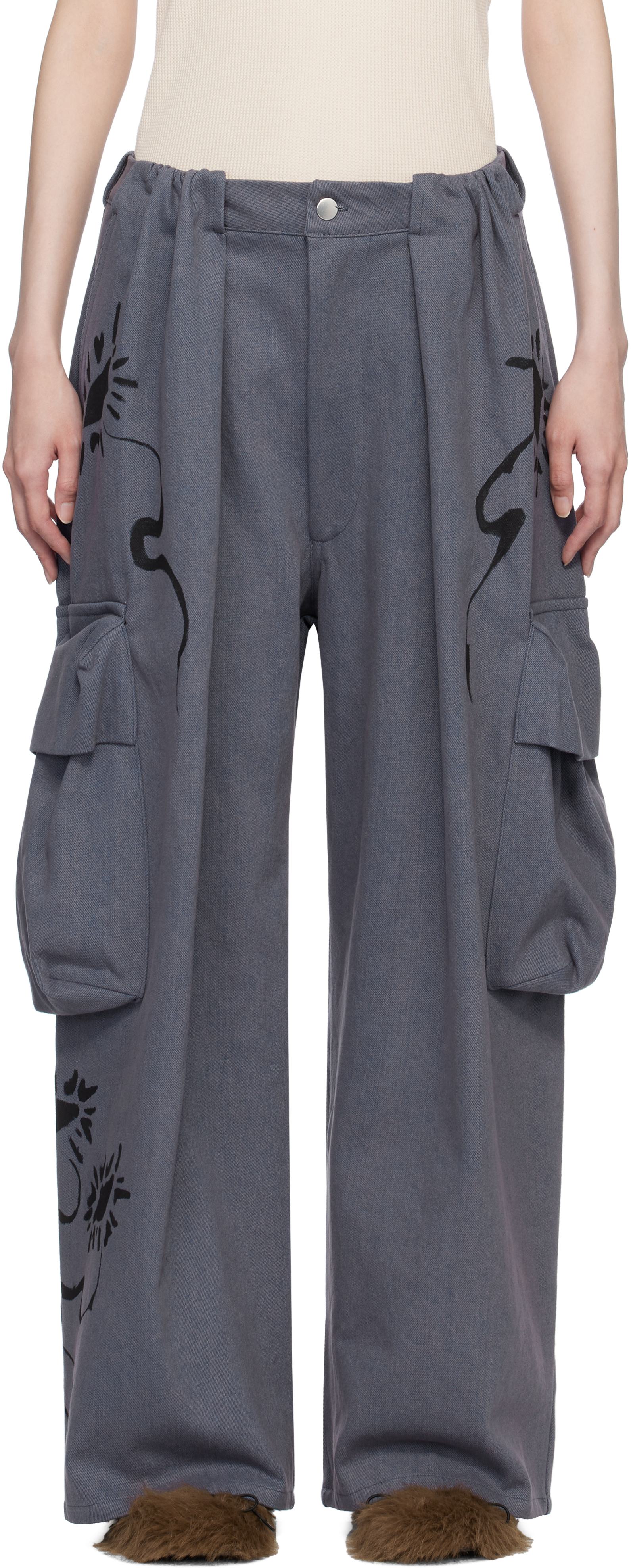 Blue Pleated Denim Cargo Pants