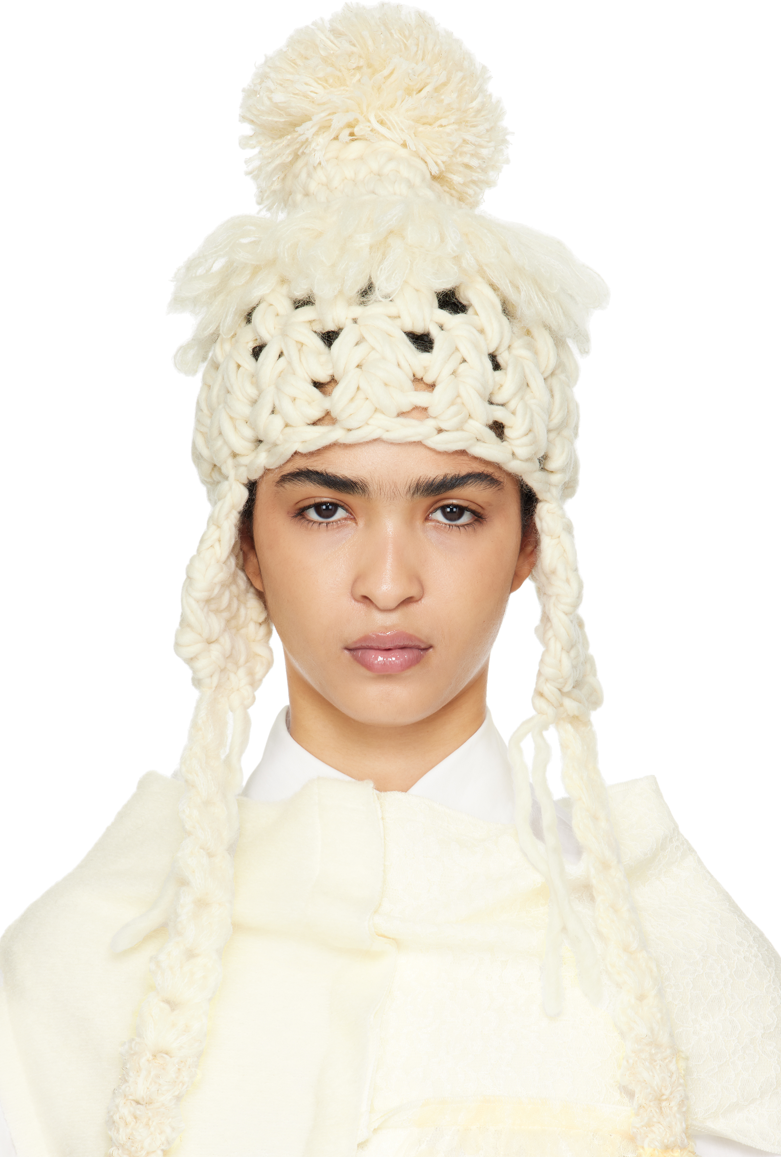 Off-White Wool Mix Crochet Beanie