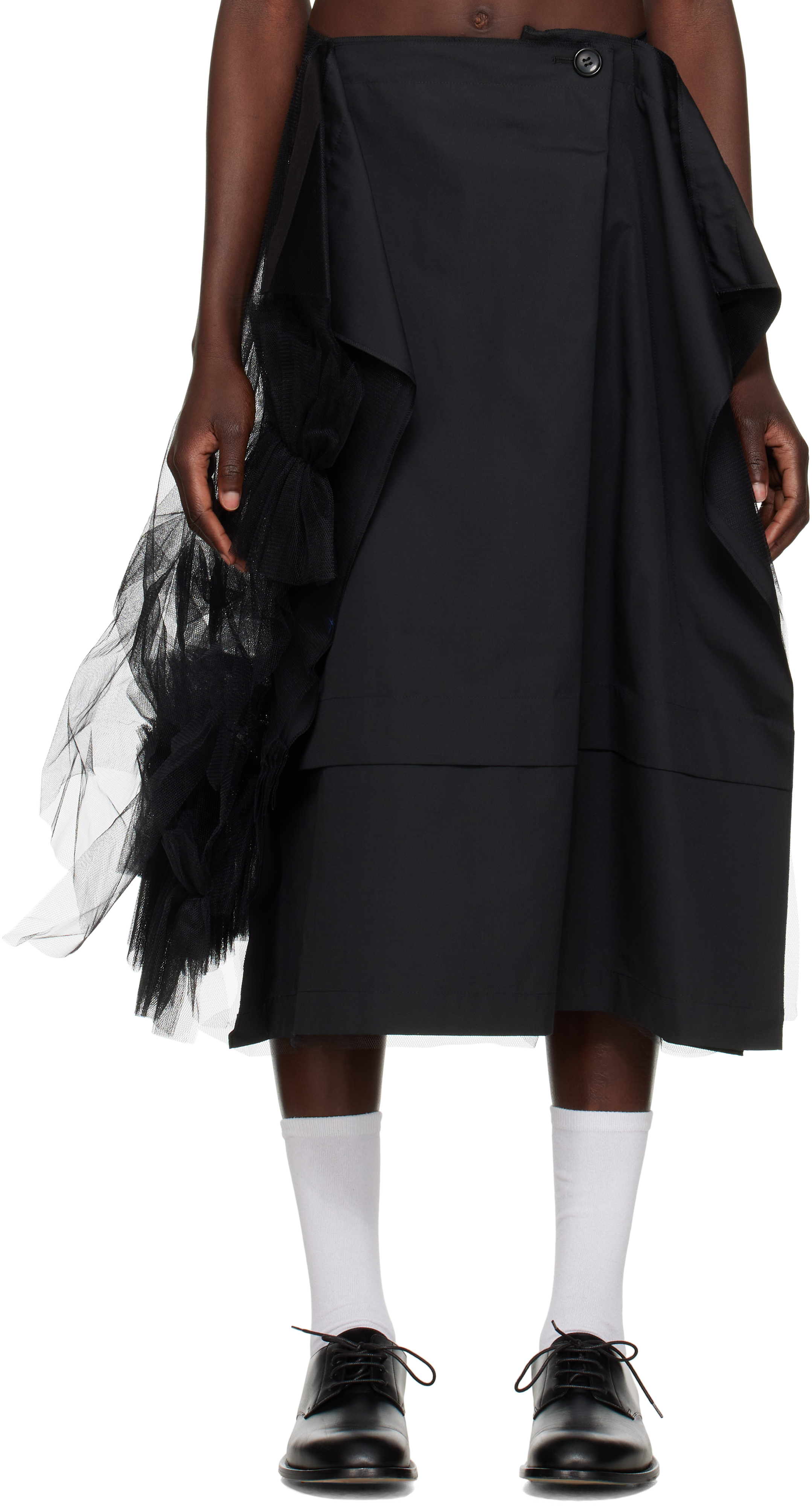 Black Canvas & Nylon Tulle Midi Skirt