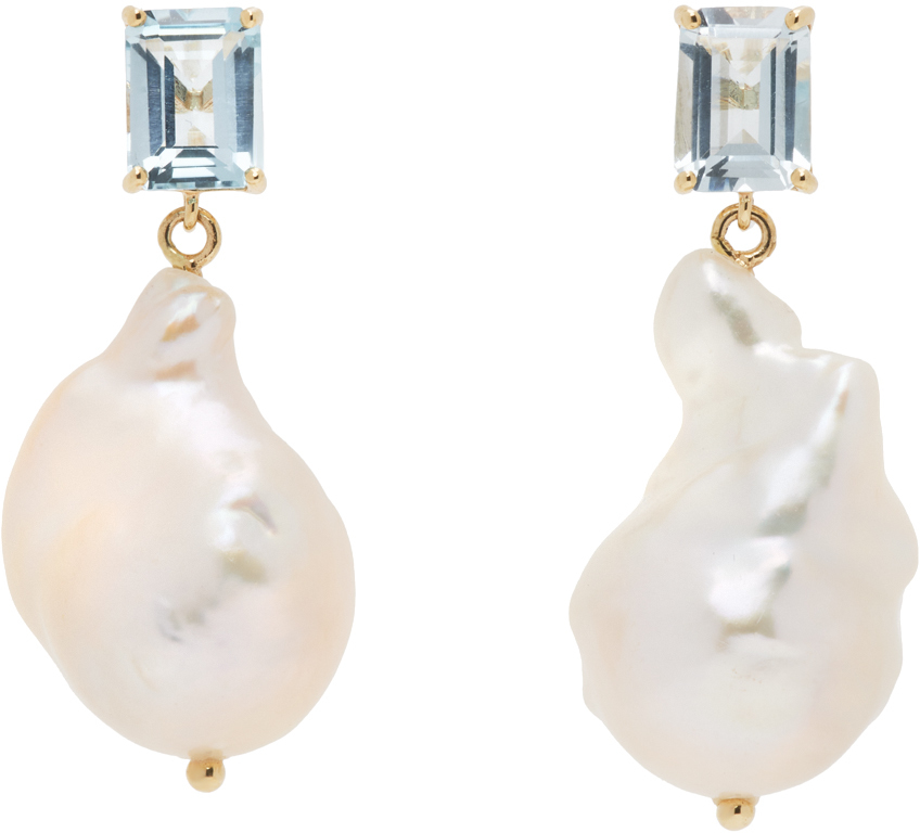 Gold 
Blue Topaz 
Baroque Pearl Drop Earrings