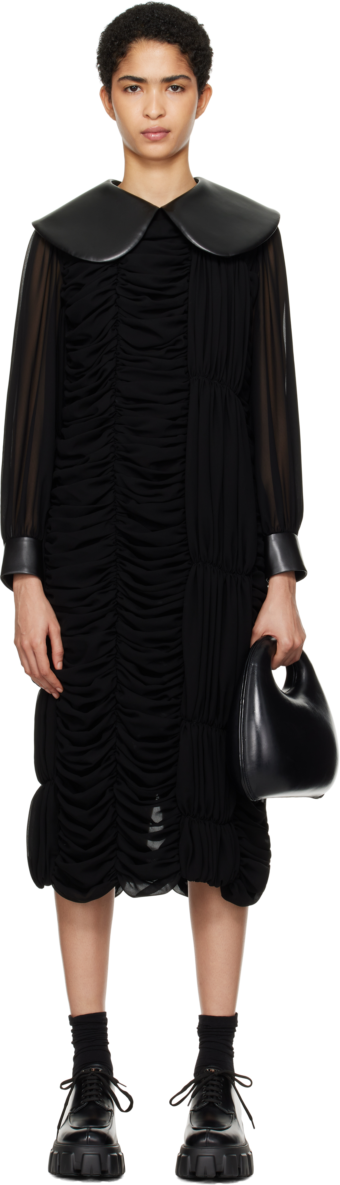 COMME DES GARÇONS BLACK GEORGETTE FAUX-LEATHER MIDI DRESS 