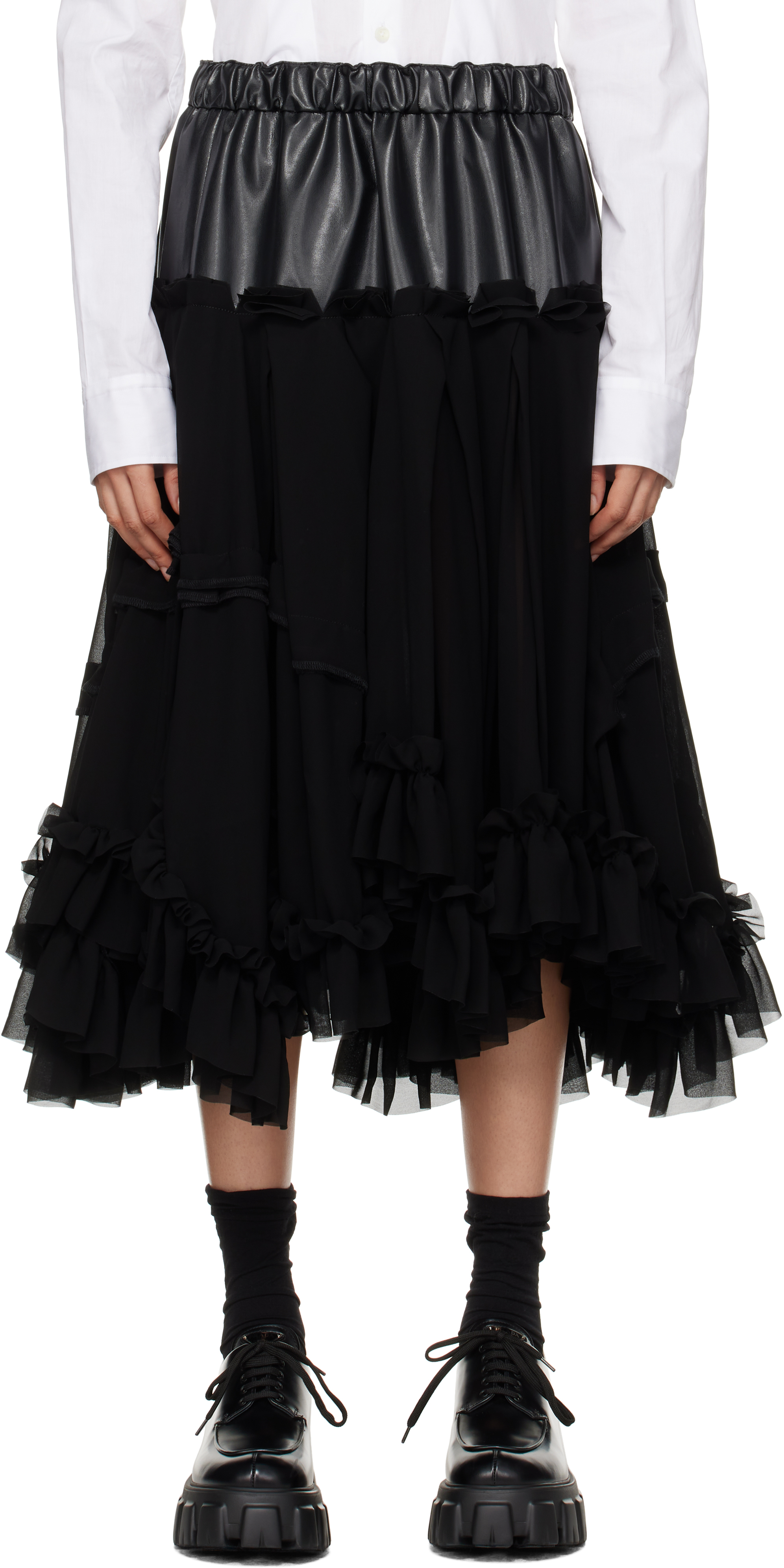 Comme des Garçons Black Georgette Faux-Leather Midi Skirt