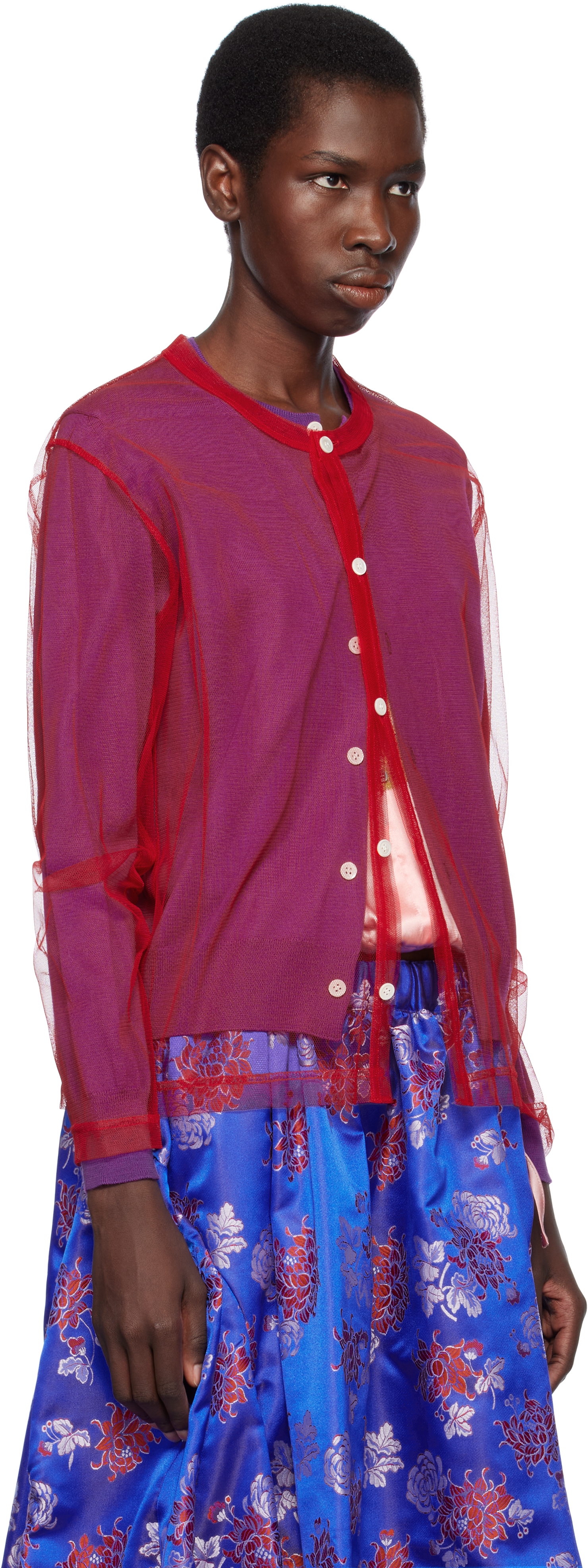 Shop Comme Des Garçons Purple & Red Worsted Wool X Nylon Tulle Cardigan In Purple X Red