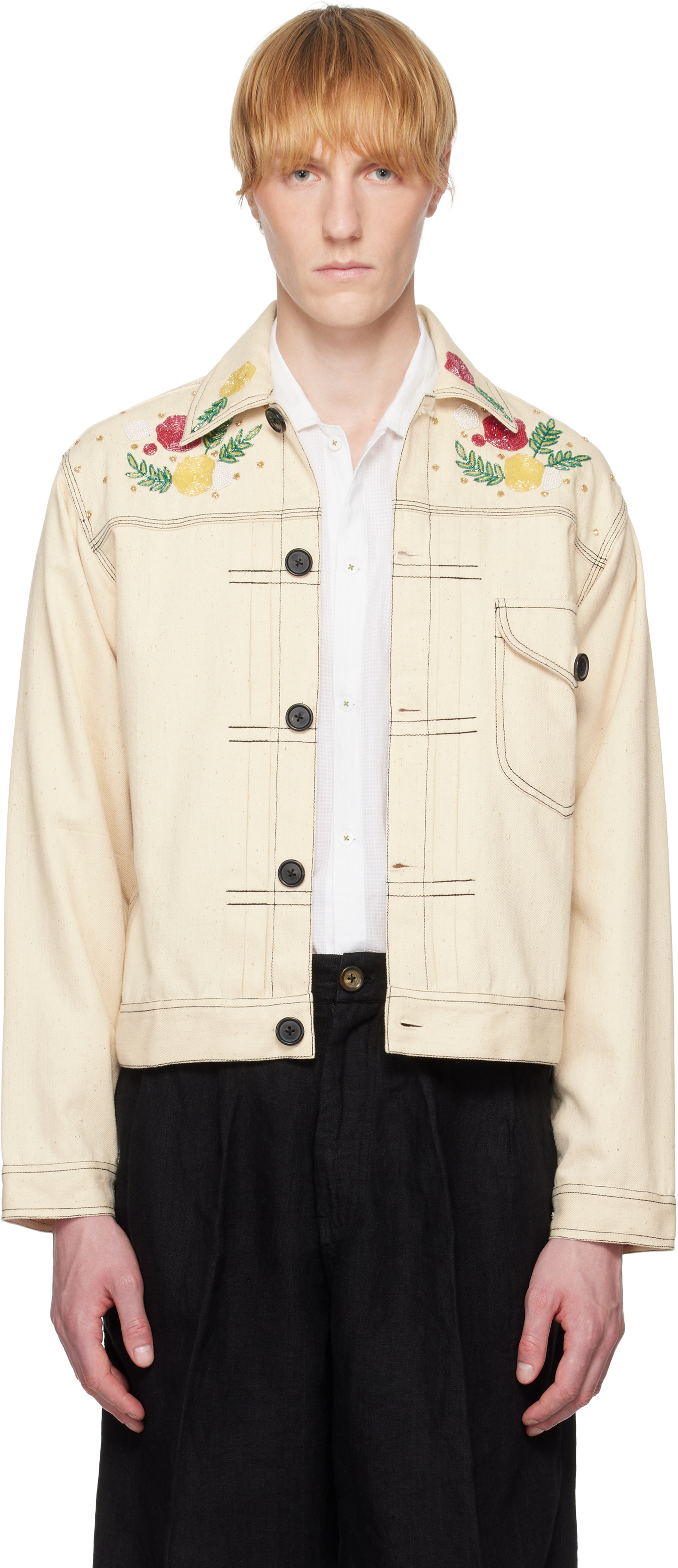 Beige Beadwork Cropped Jacket