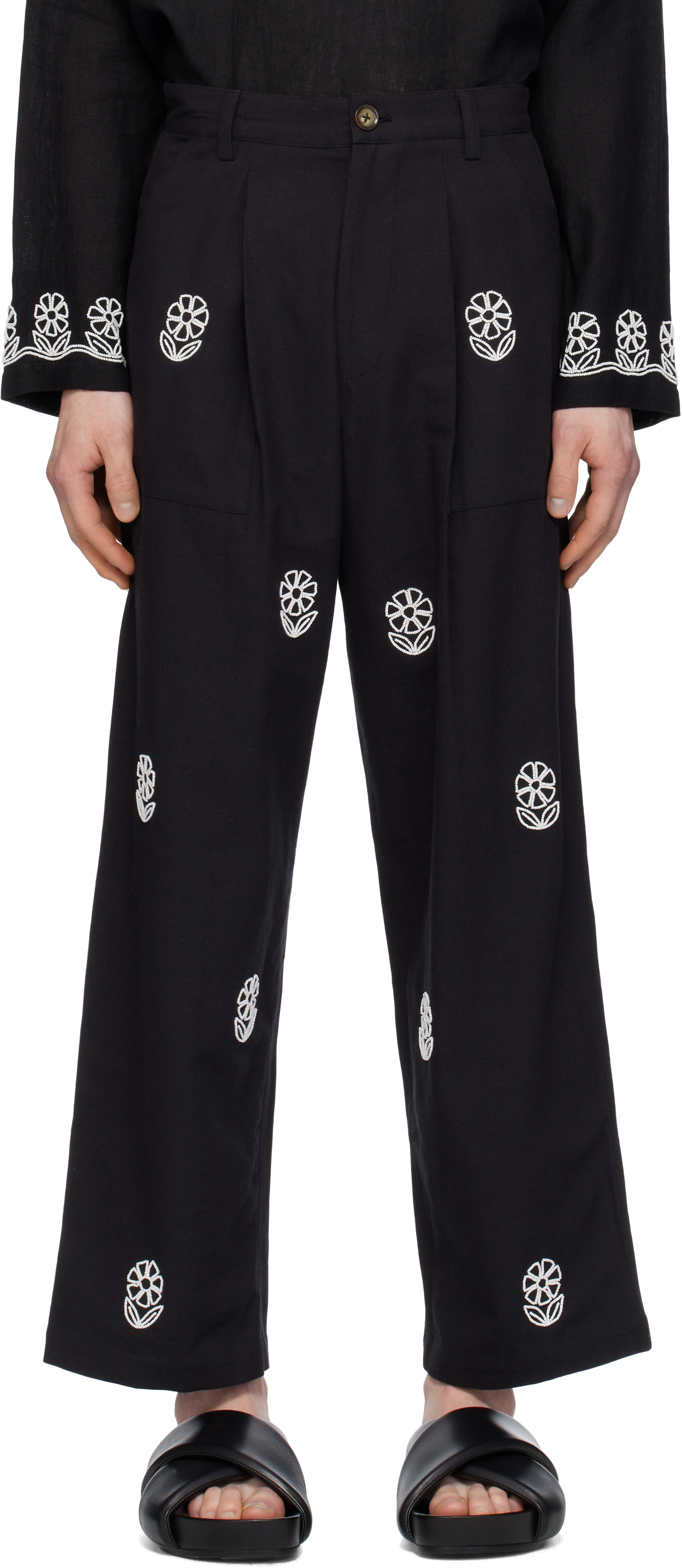 Black Beadwork Embroidered Trousers