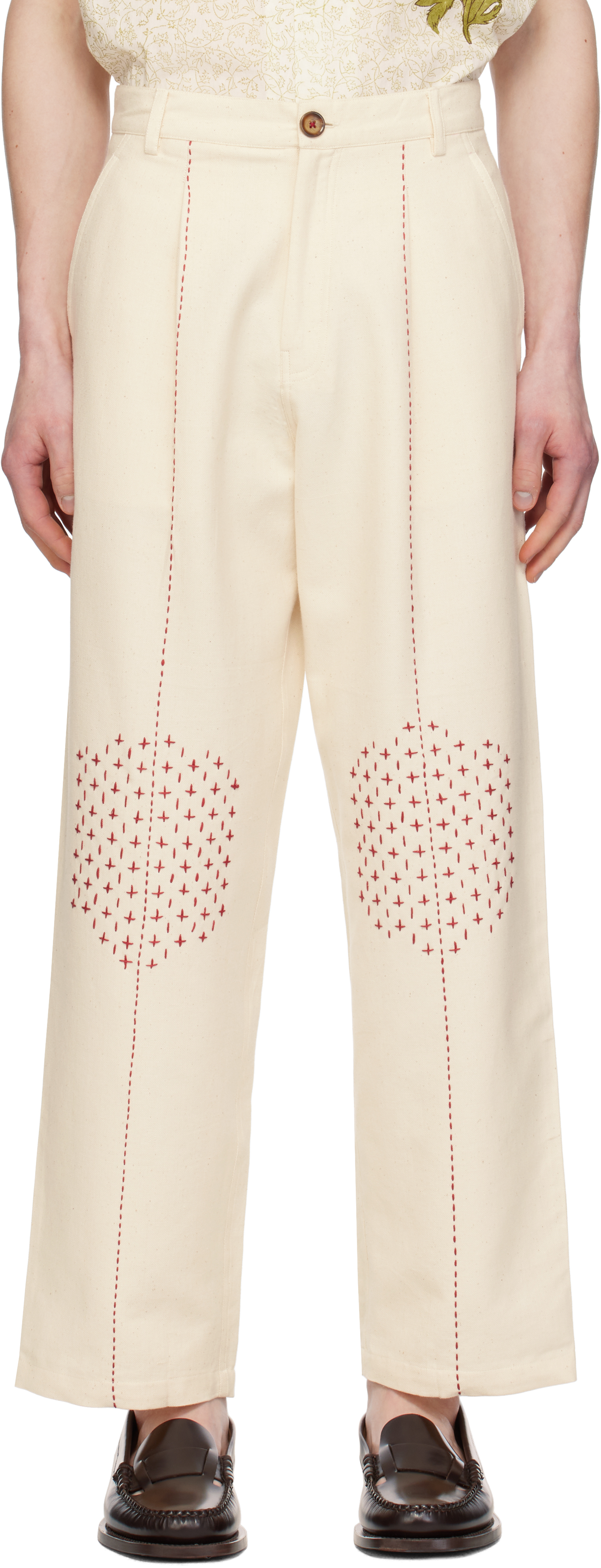 HARAGO: Off-White Embroidered Wide Leg Trousers | SSENSE