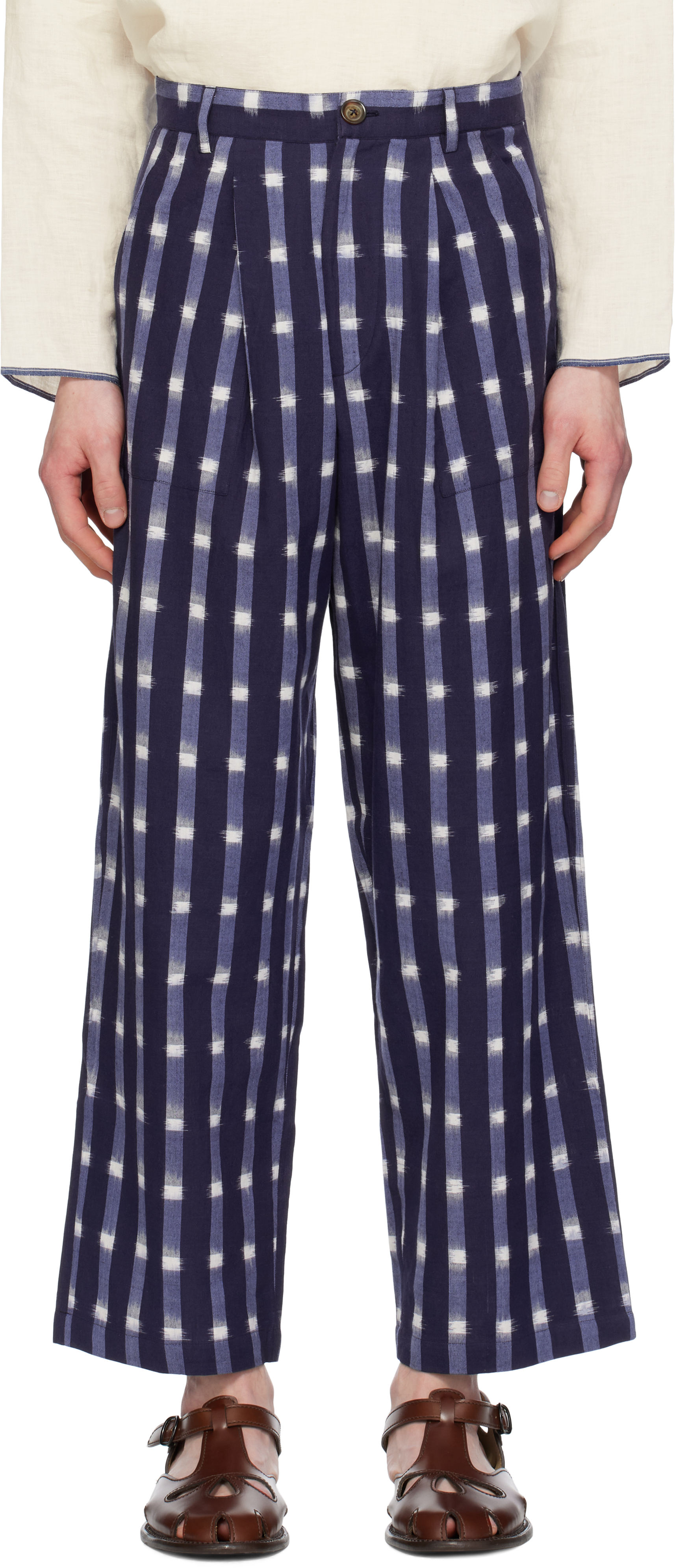 Navy Ikat Wide Leg Pleated Trousers