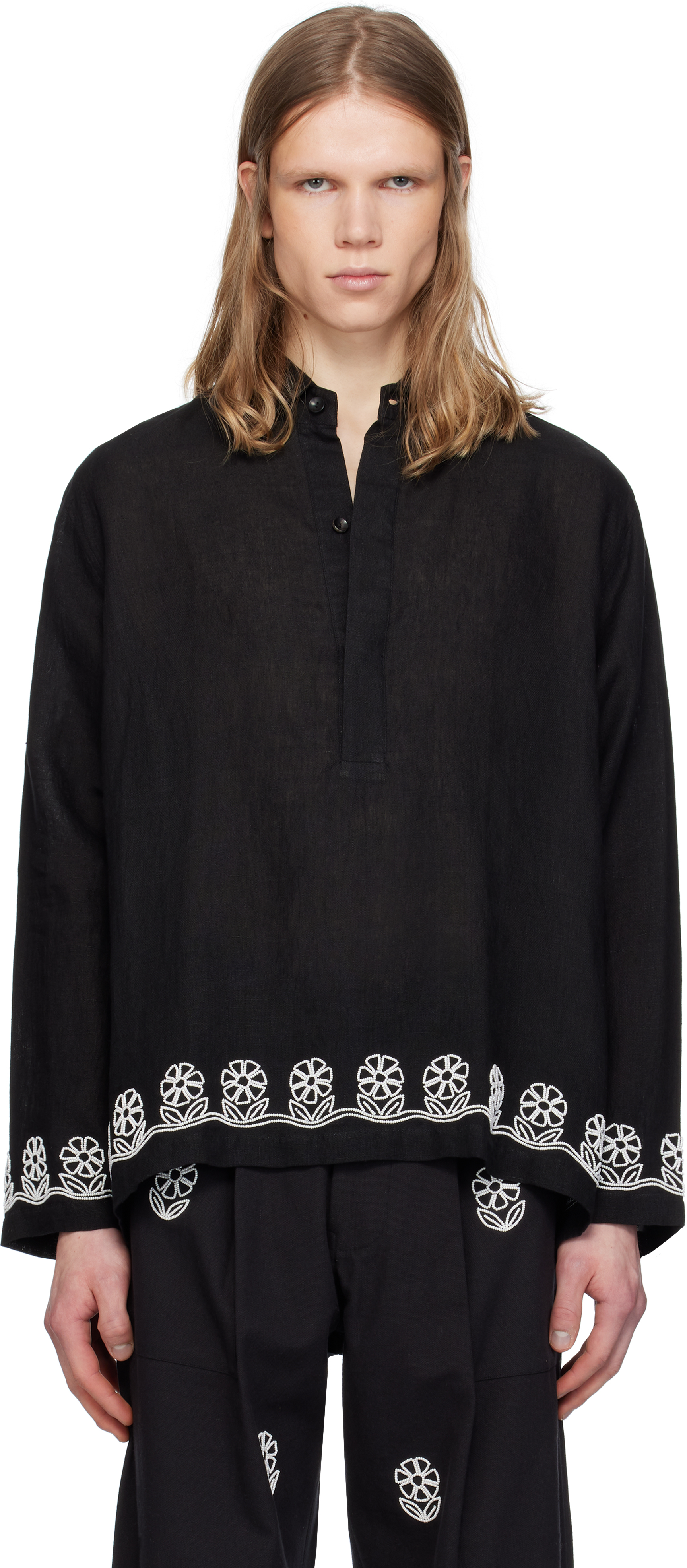 Black Beadwork Popover Shirt