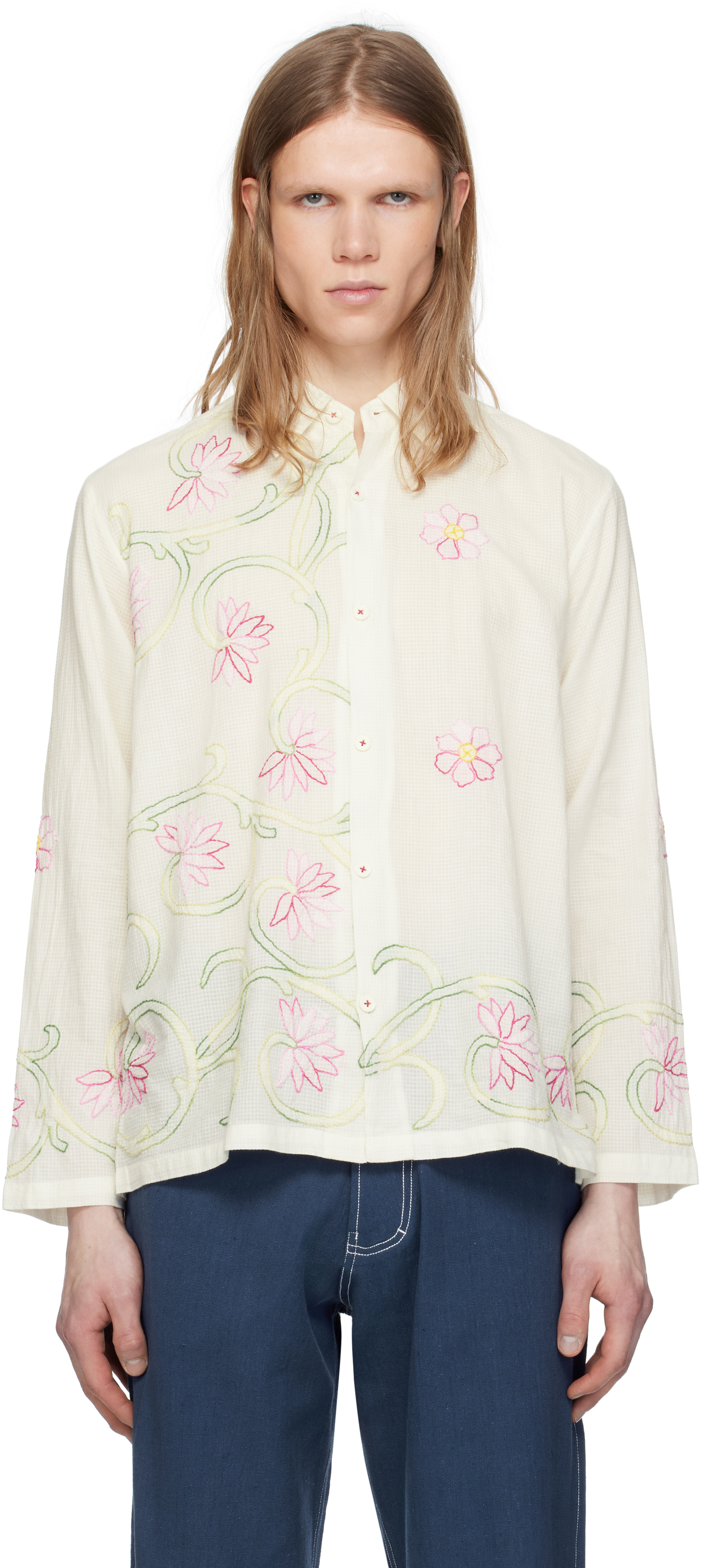 White Embroidered Floral Shirt