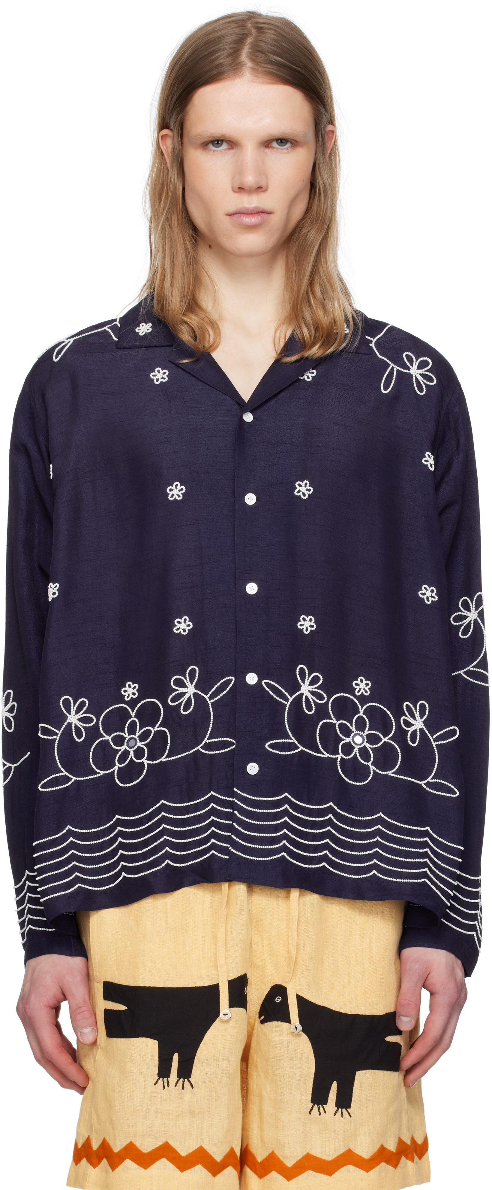 Navy Bead Embroidered Shirt