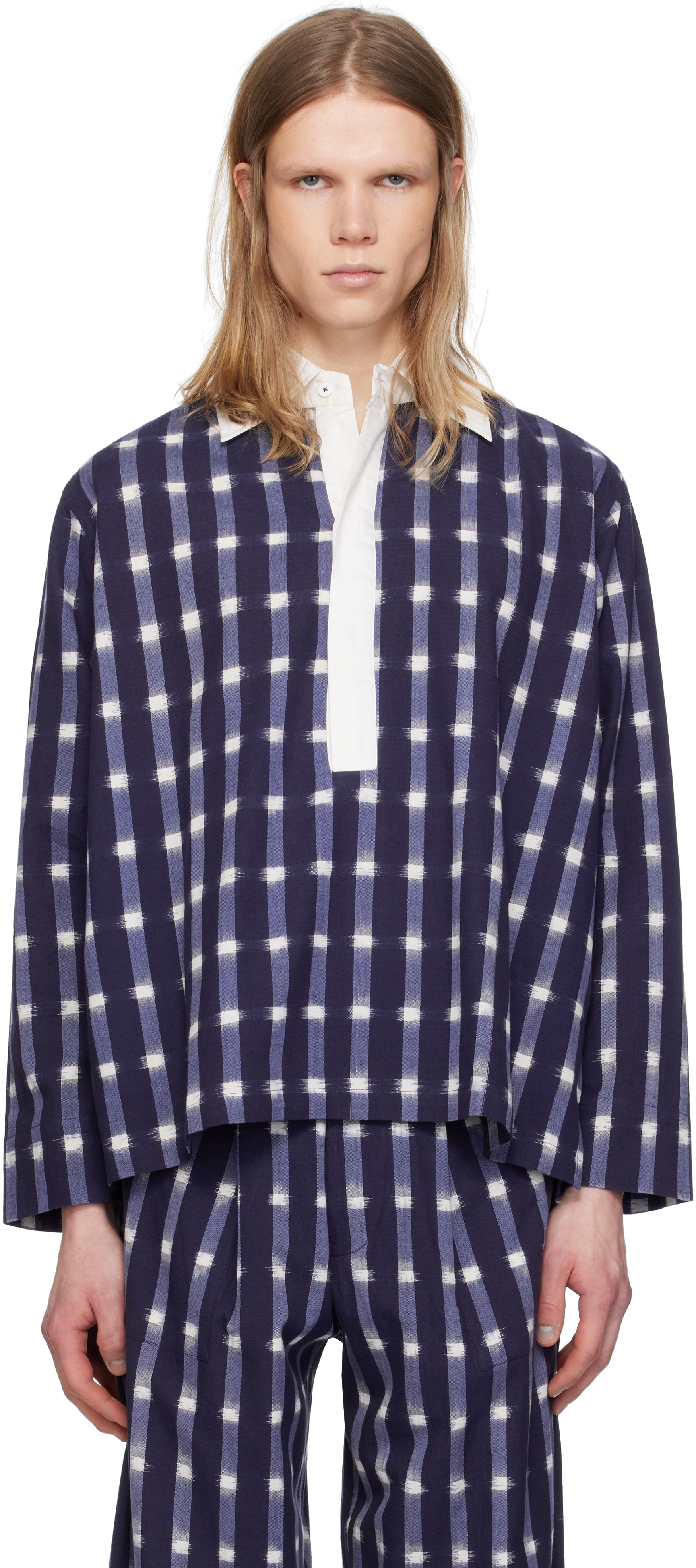 Blue 
White Ikat Popover Shirt