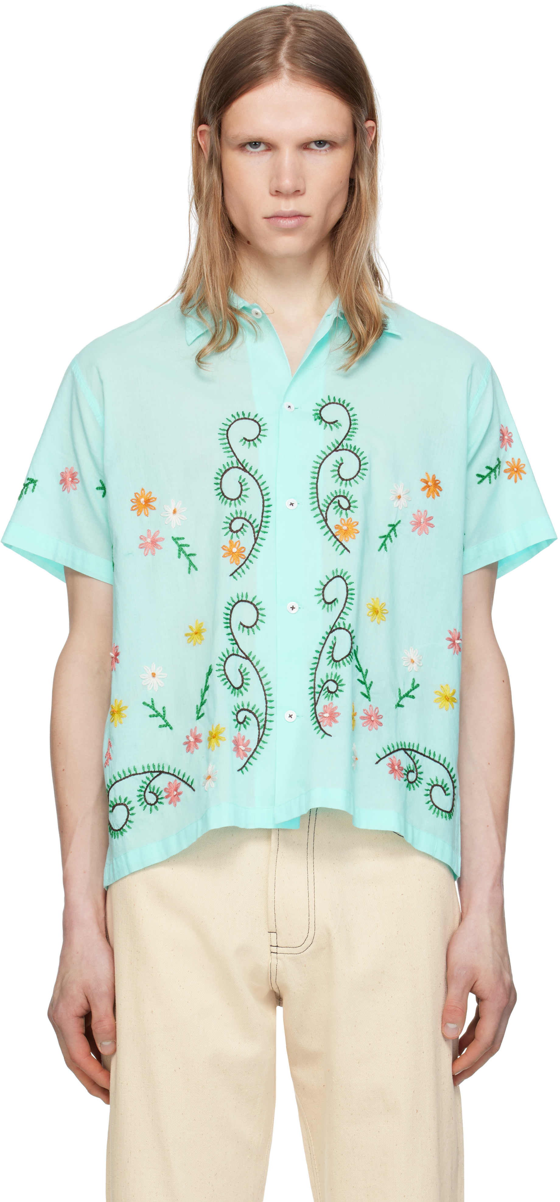 ウェア teamsea Blue Embroidered Seaweed Shirt by HARAGO on Sale