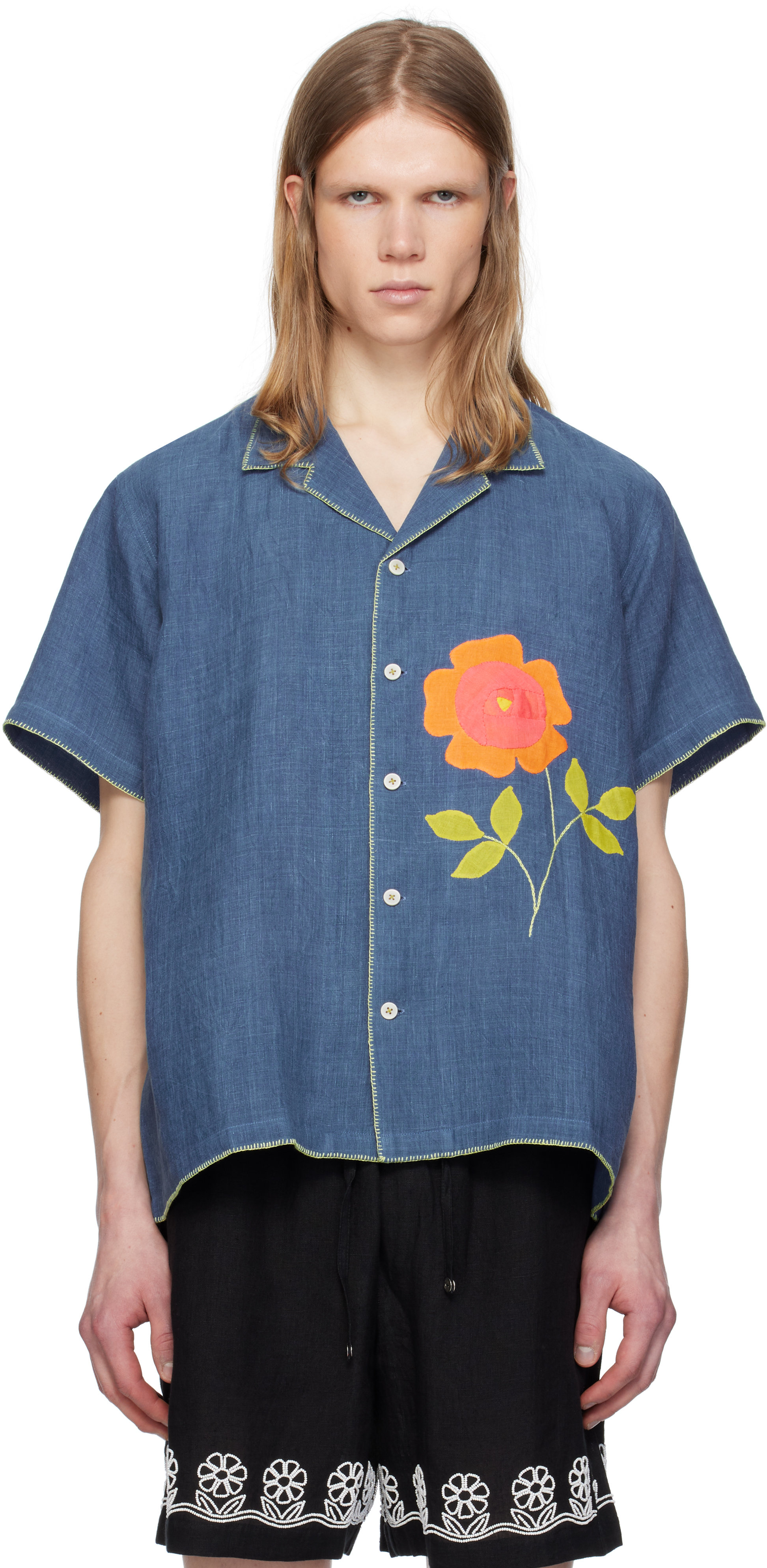 Blue Flower Appliqué Shirt