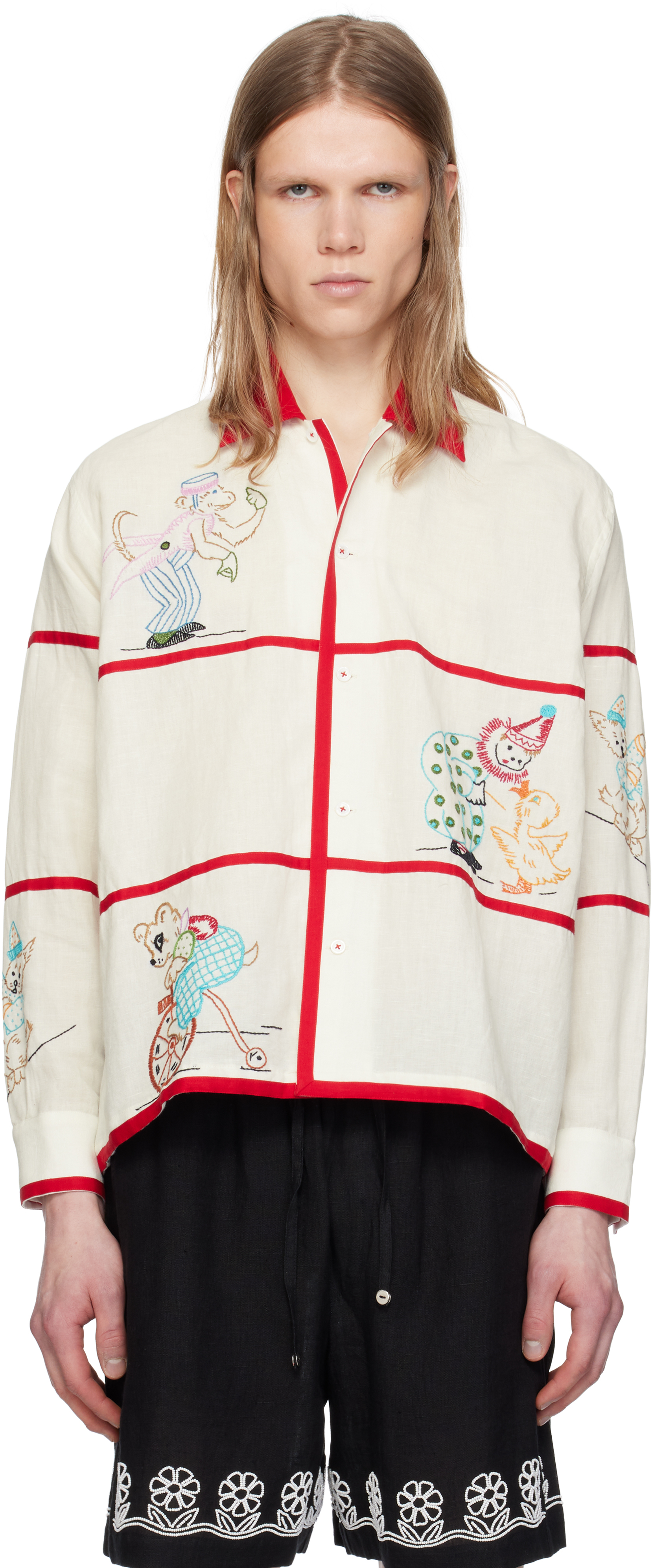 White 
Red Whimsy Embroidered Shirt