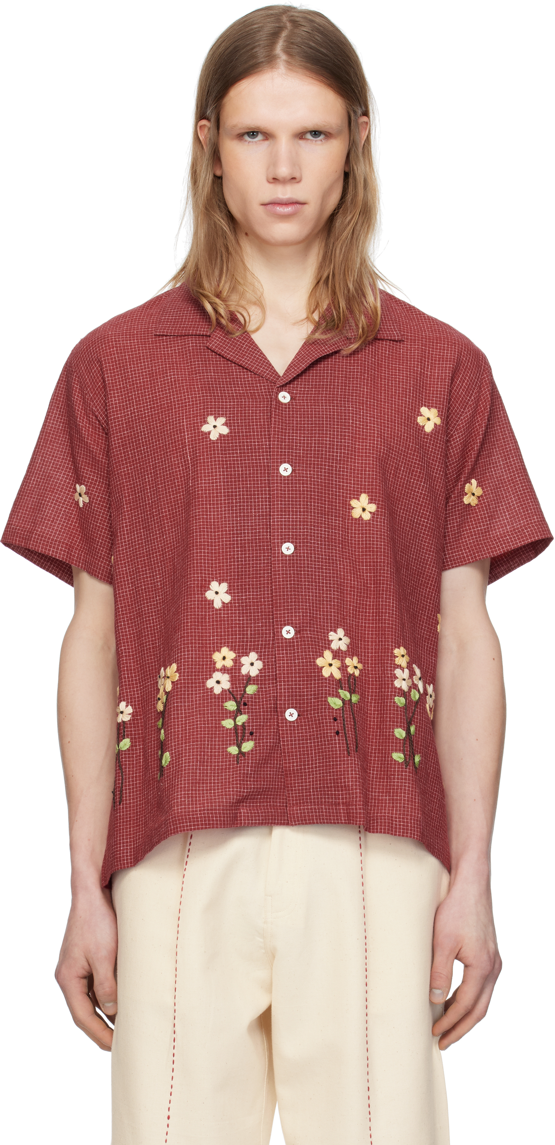 Burgundy Embroidered Checkered Shirt