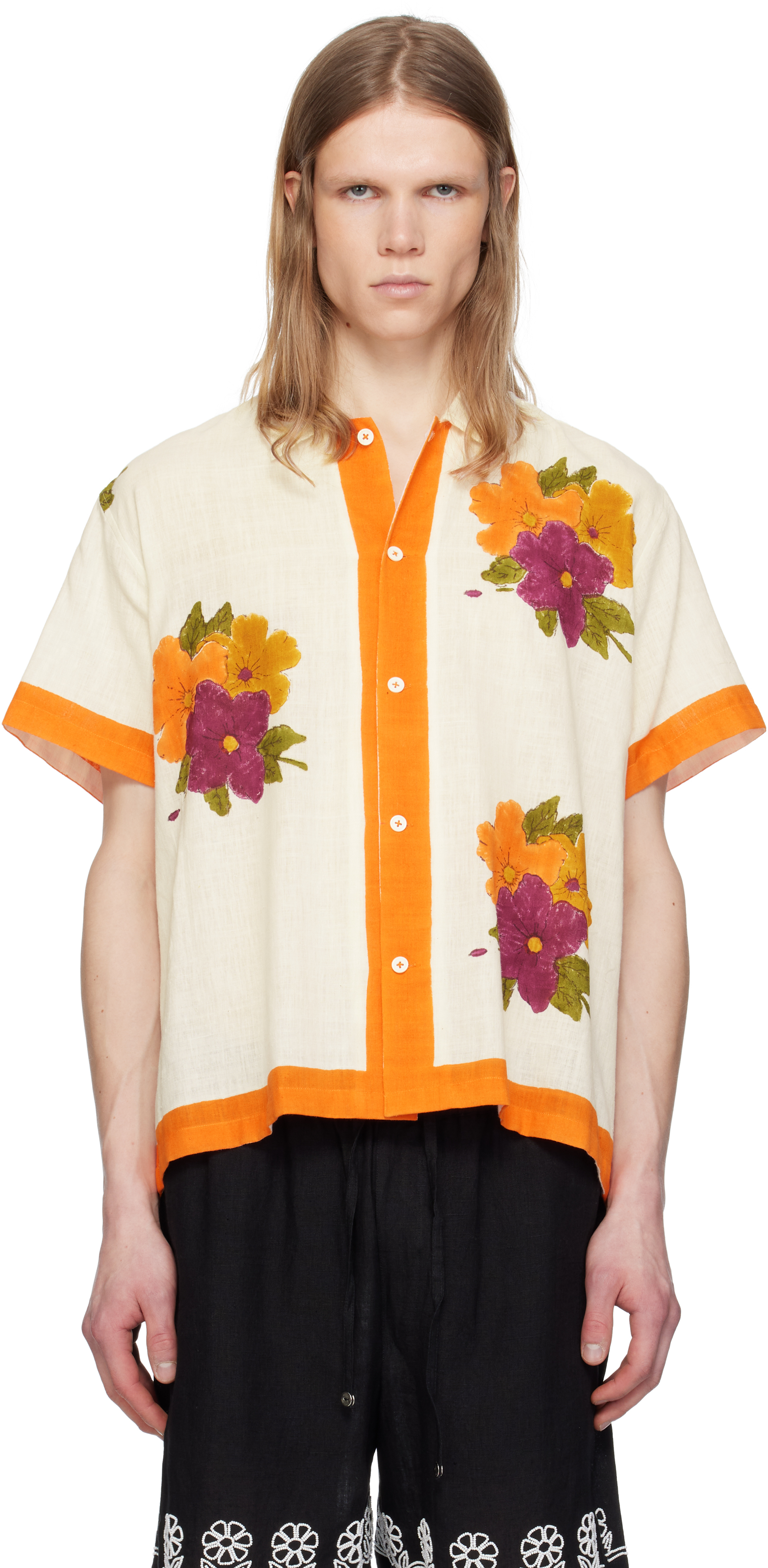 White 
Orange Block Printed Shirt