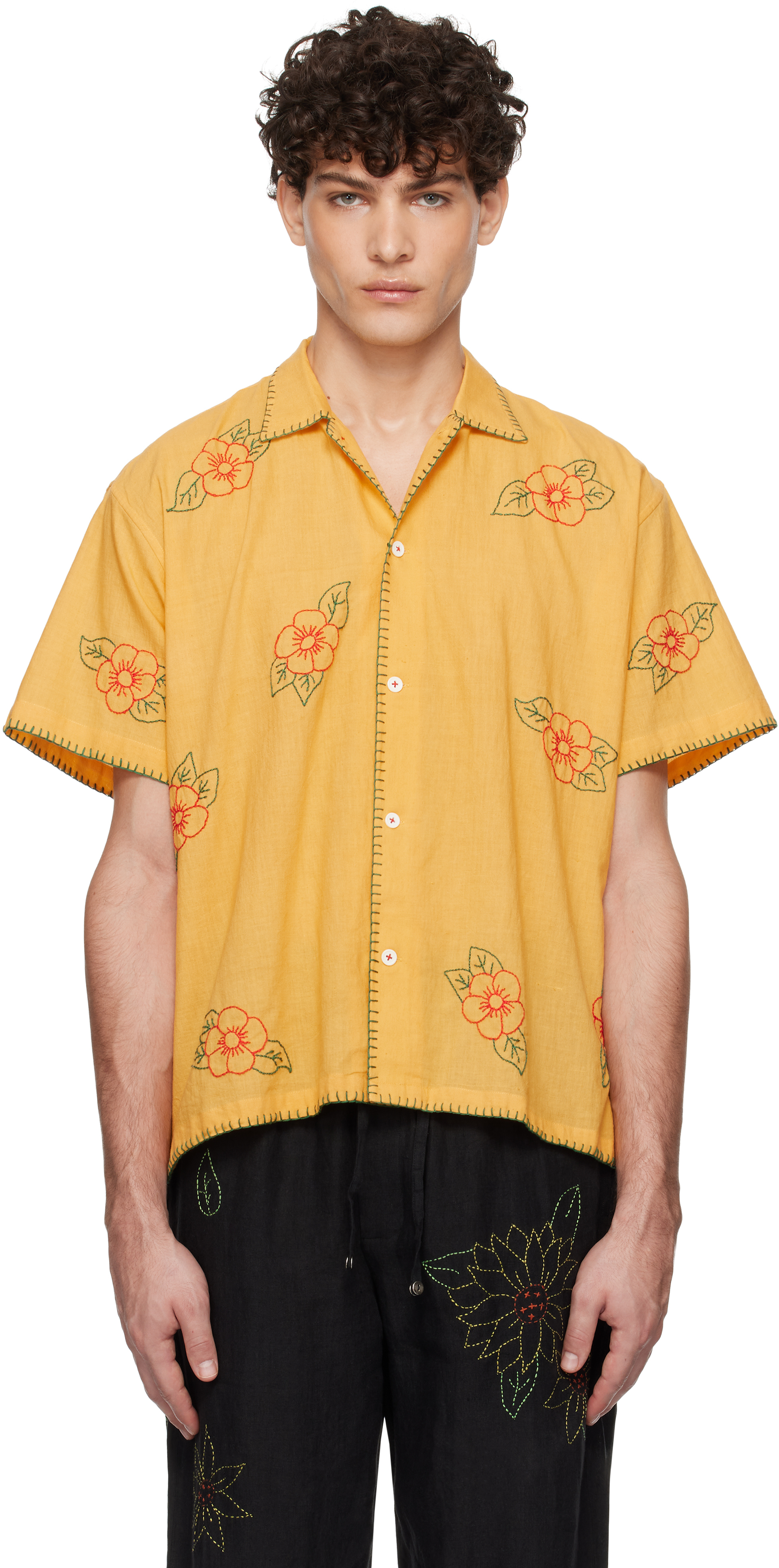 Yellow Floral Embroidered Short Sleeve Shirt