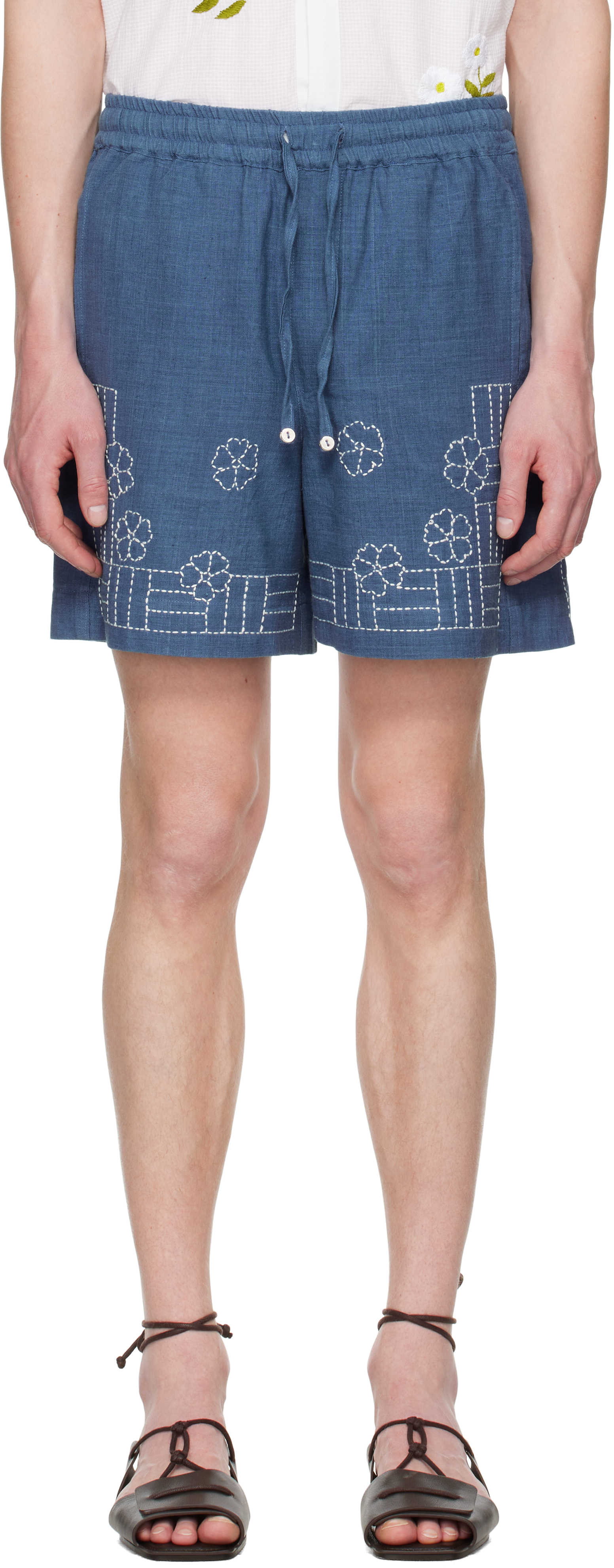 Navy Embroidered Floral Shorts