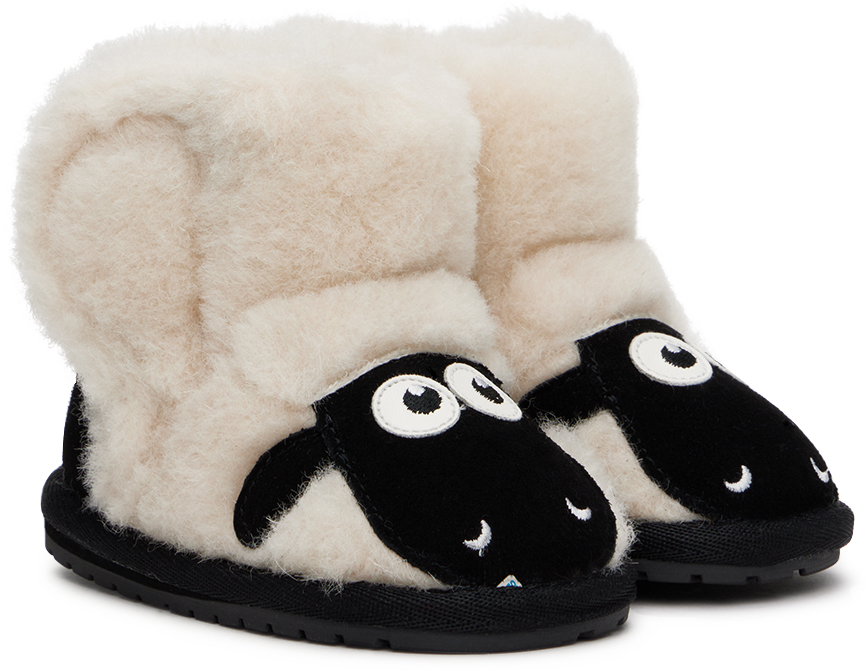 Emu Baby Off-white & Black 'shaun The Sheep' Pre-walkers In Natural