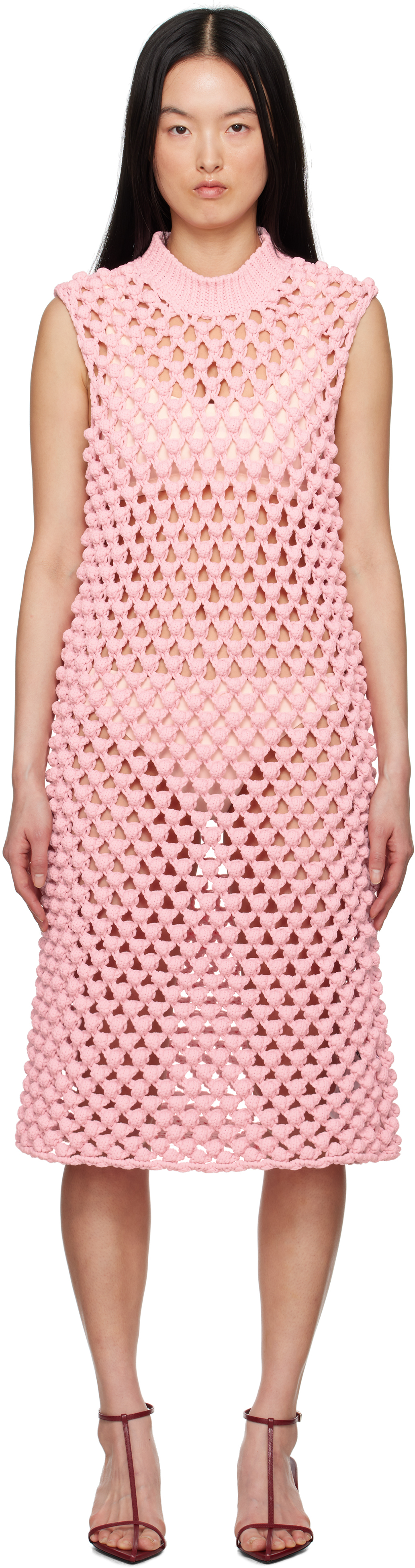 Pink Sleeveless Crewneck Midi Dress