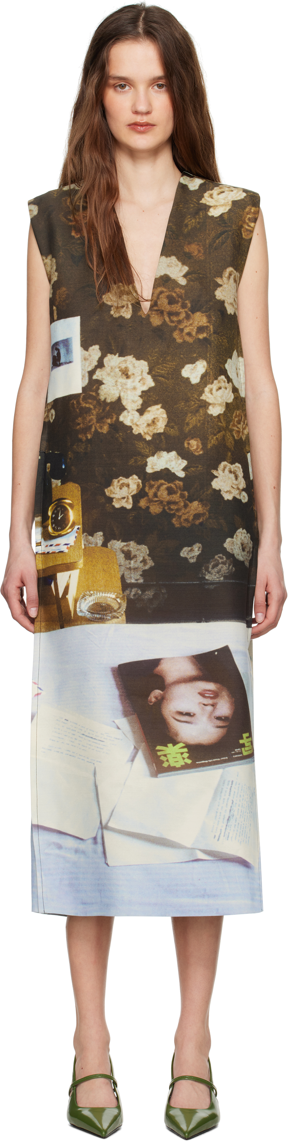 JIL SANDER BROWN & BLUE WOOL BLEND PRINTED MIDI DRESS