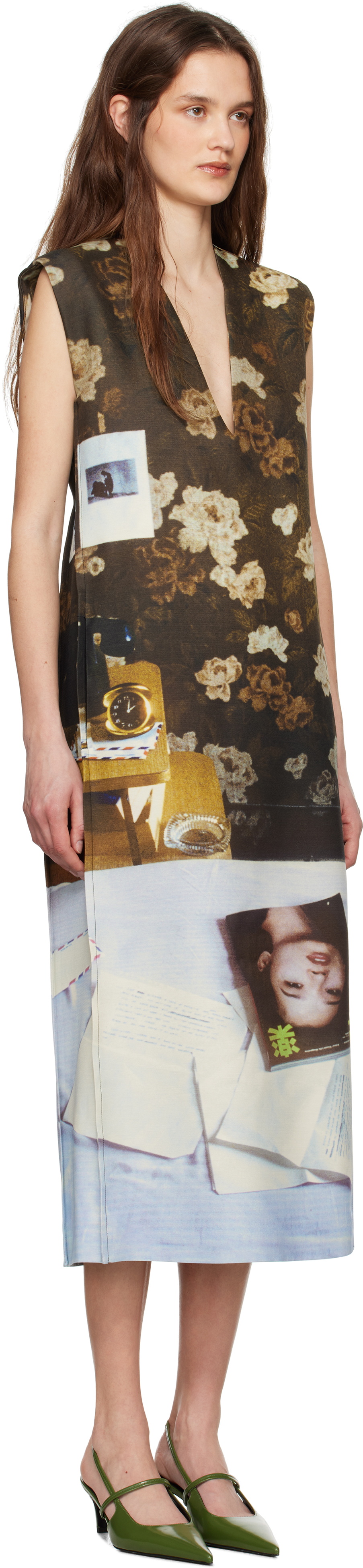 JIL SANDER BROWN & BLUE WOOL BLEND PRINTED MIDI DRESS