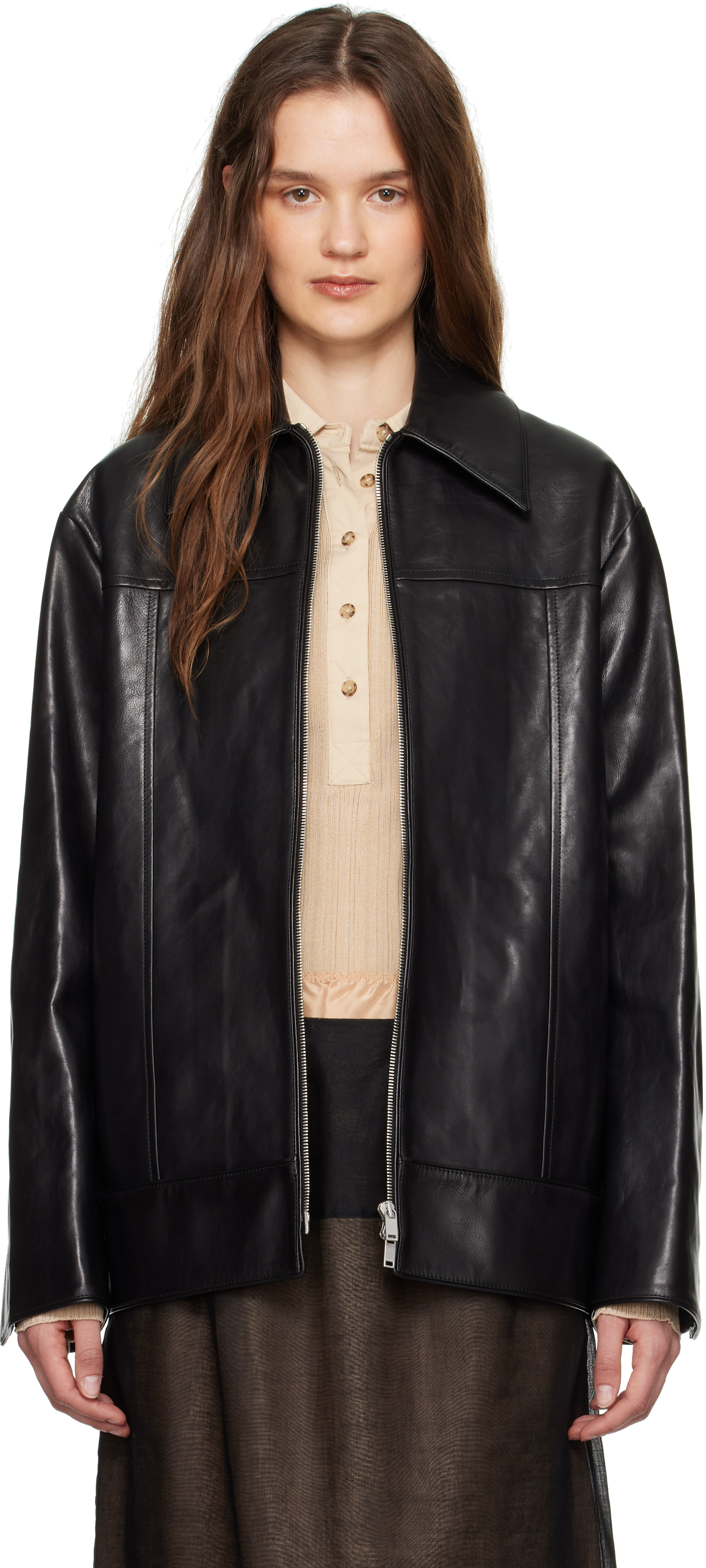 Jil Sander Black Boxy Fit Leather Biker Jacket In 001 Black