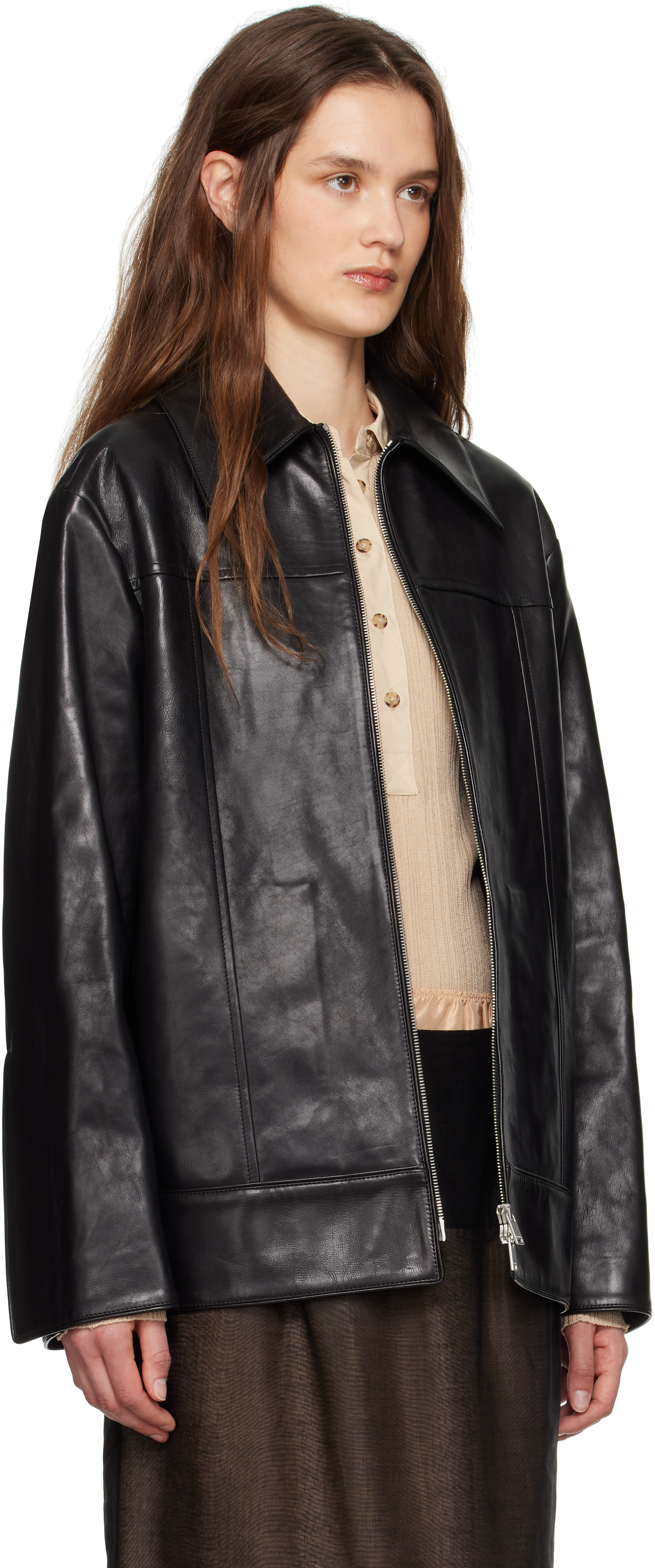 Jil Sander Black Boxy Fit Leather Biker Jacket In 001 Black