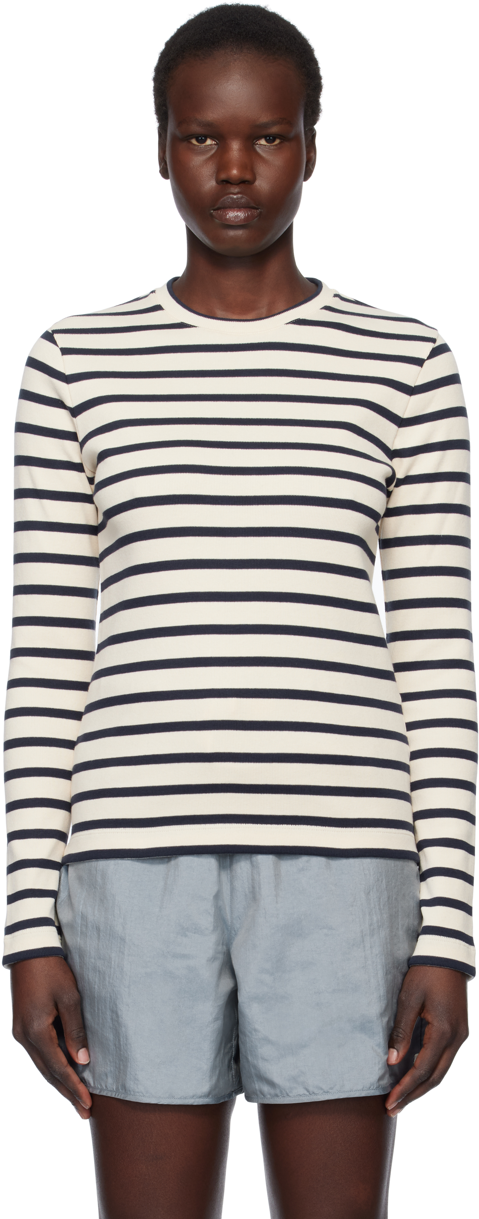Jil Sander Fine Ribbed Off-white And Black Crew Neck Sweater In Neutral