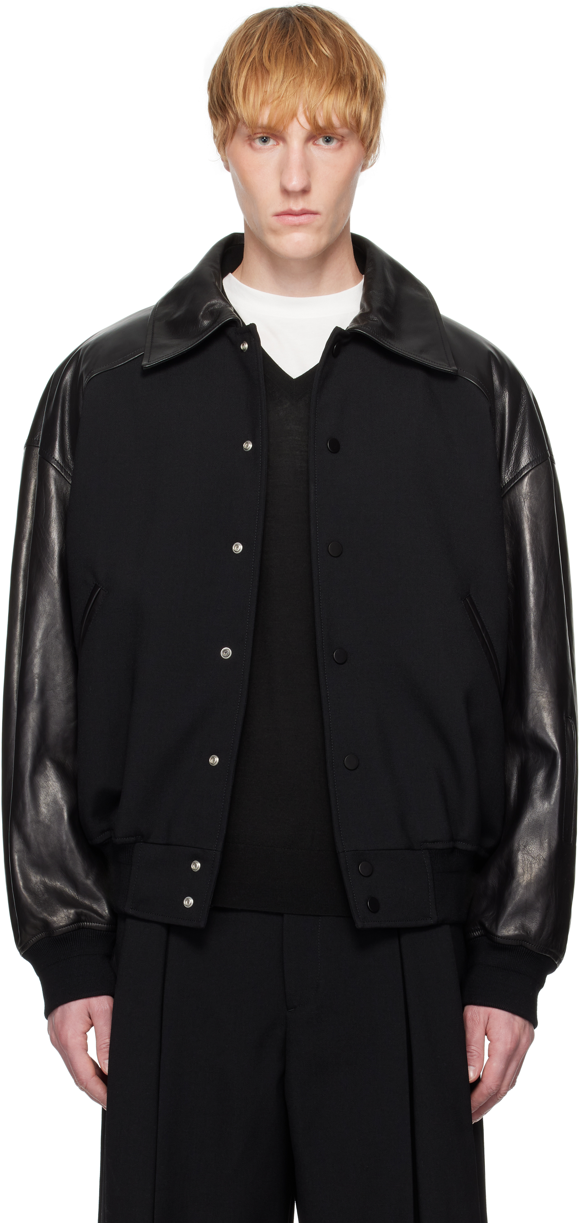 Jil Sander: ブラック パデッド レザー ボンバージャケット