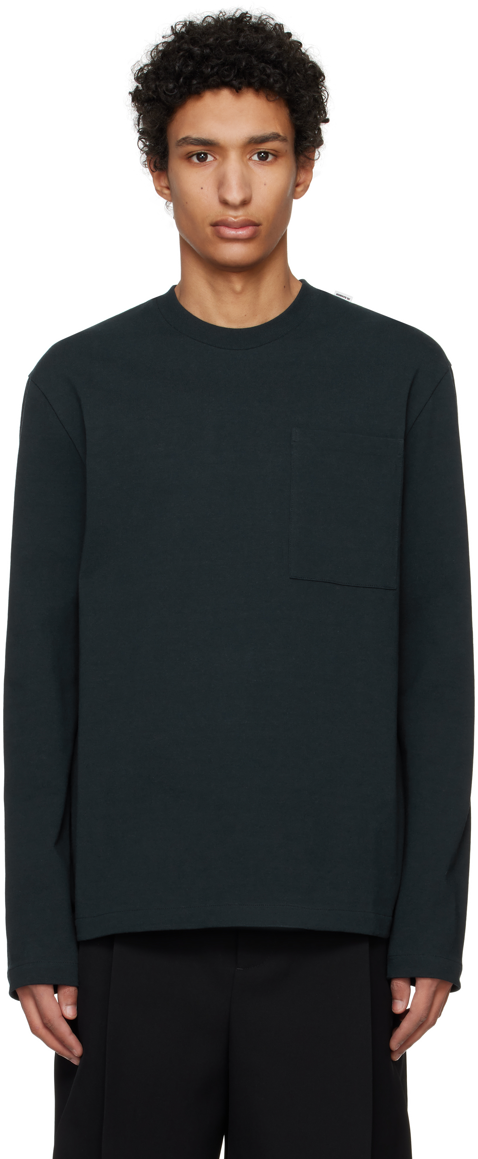Jil Sander: ネイビー ロゴタグ 長袖Tシャツ | SSENSE 日本