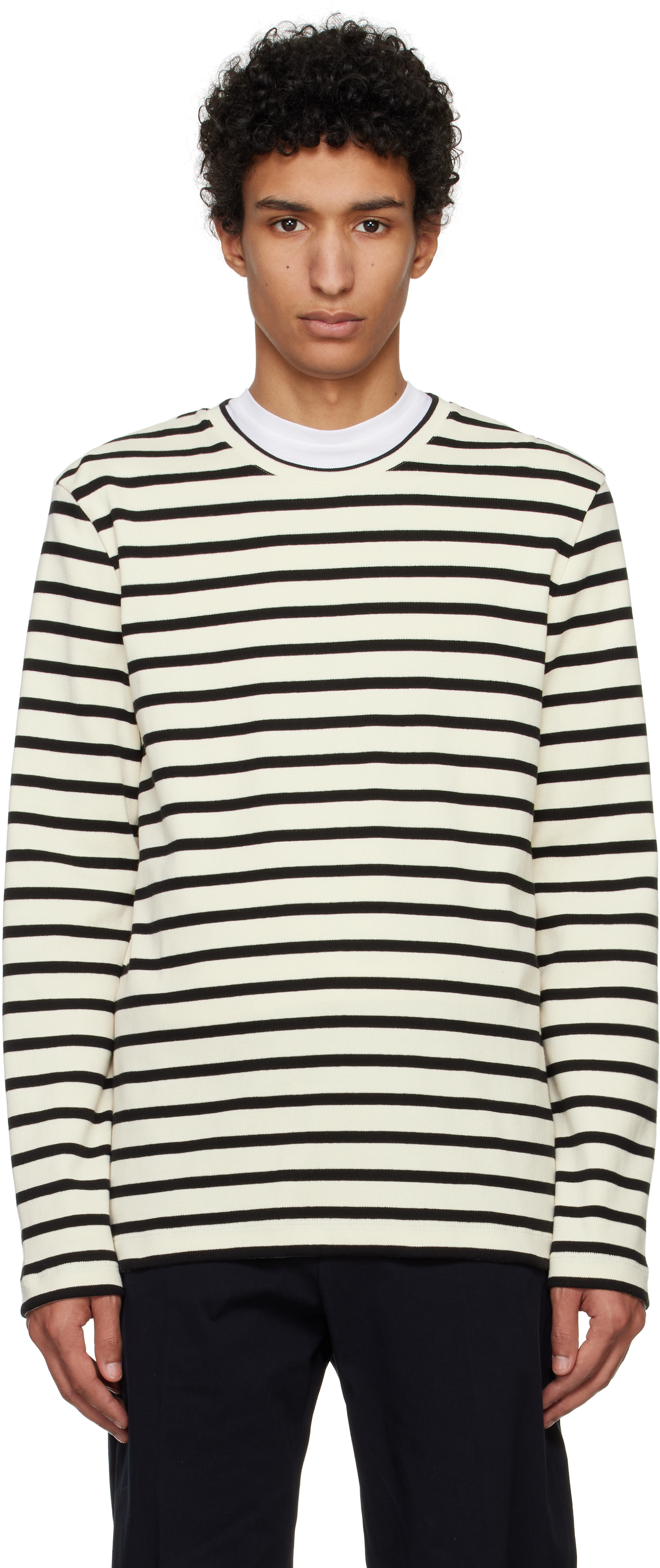 Jil Sander: Navy & Off-White Striped Long Sleeve T-shirt Jil Sander: Navy & Off-White Striped Long Sleeve T-shirt
