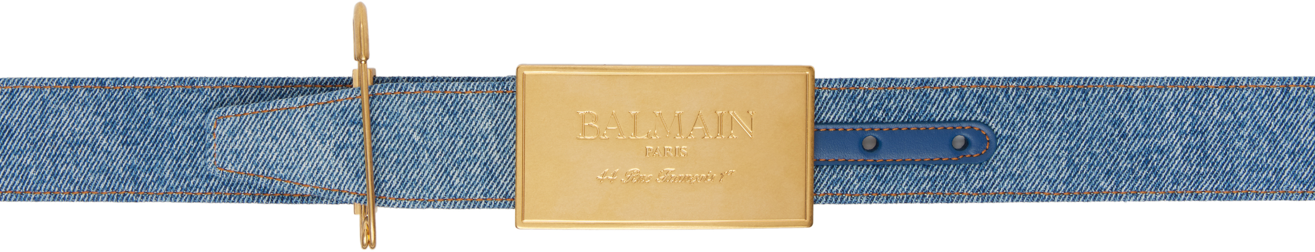 【関税込み】Balmain ブルー Safety Pin デニム ベルト Balmain: ブルー Safety Pin デニム ベルト | SSENSE 日本