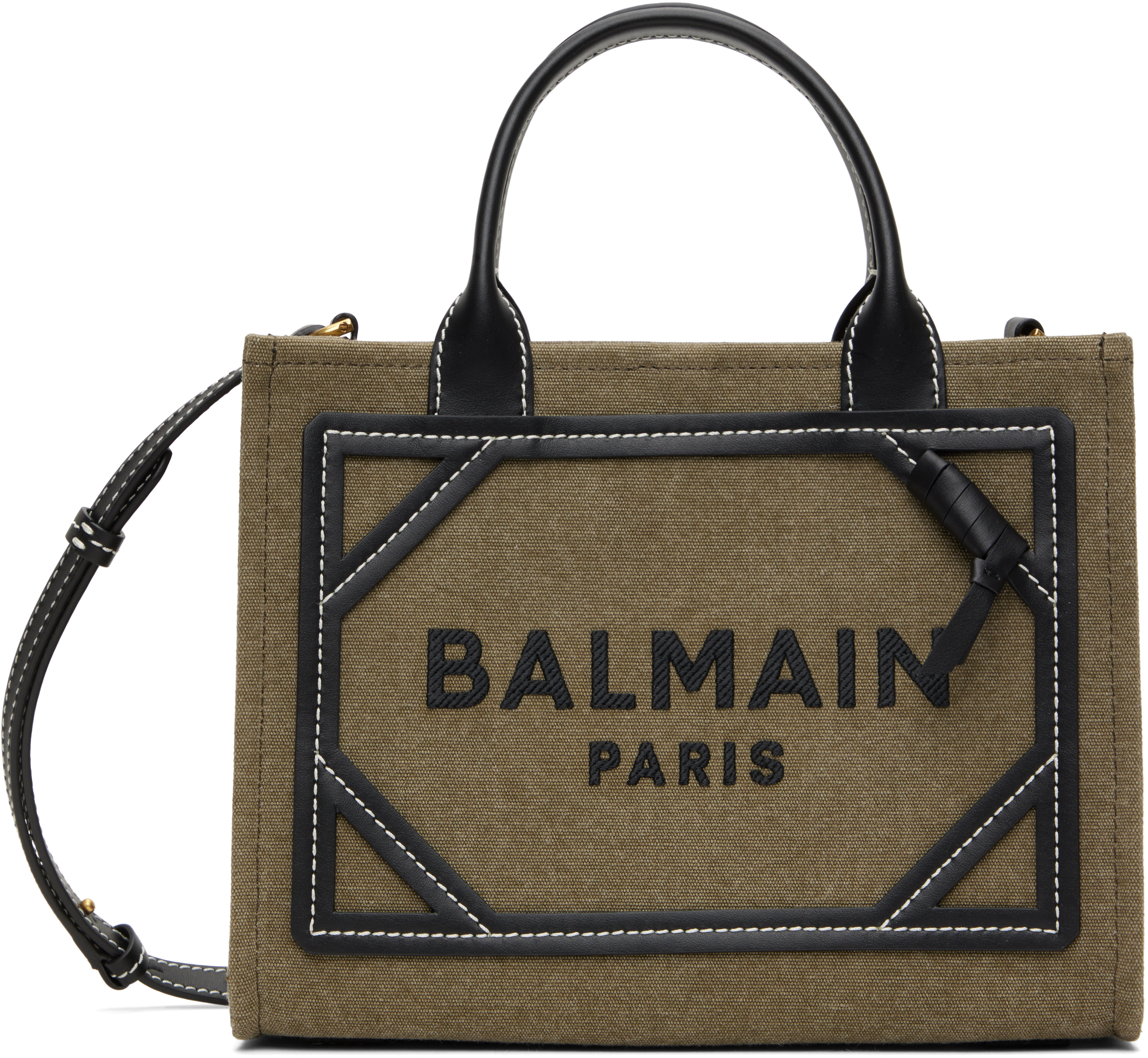 ★Balmain★ カーキ＆ブラック スモール B-Army トートバッグ Balmain: カーキ＆ブラック スモール B-Army トートバッグ