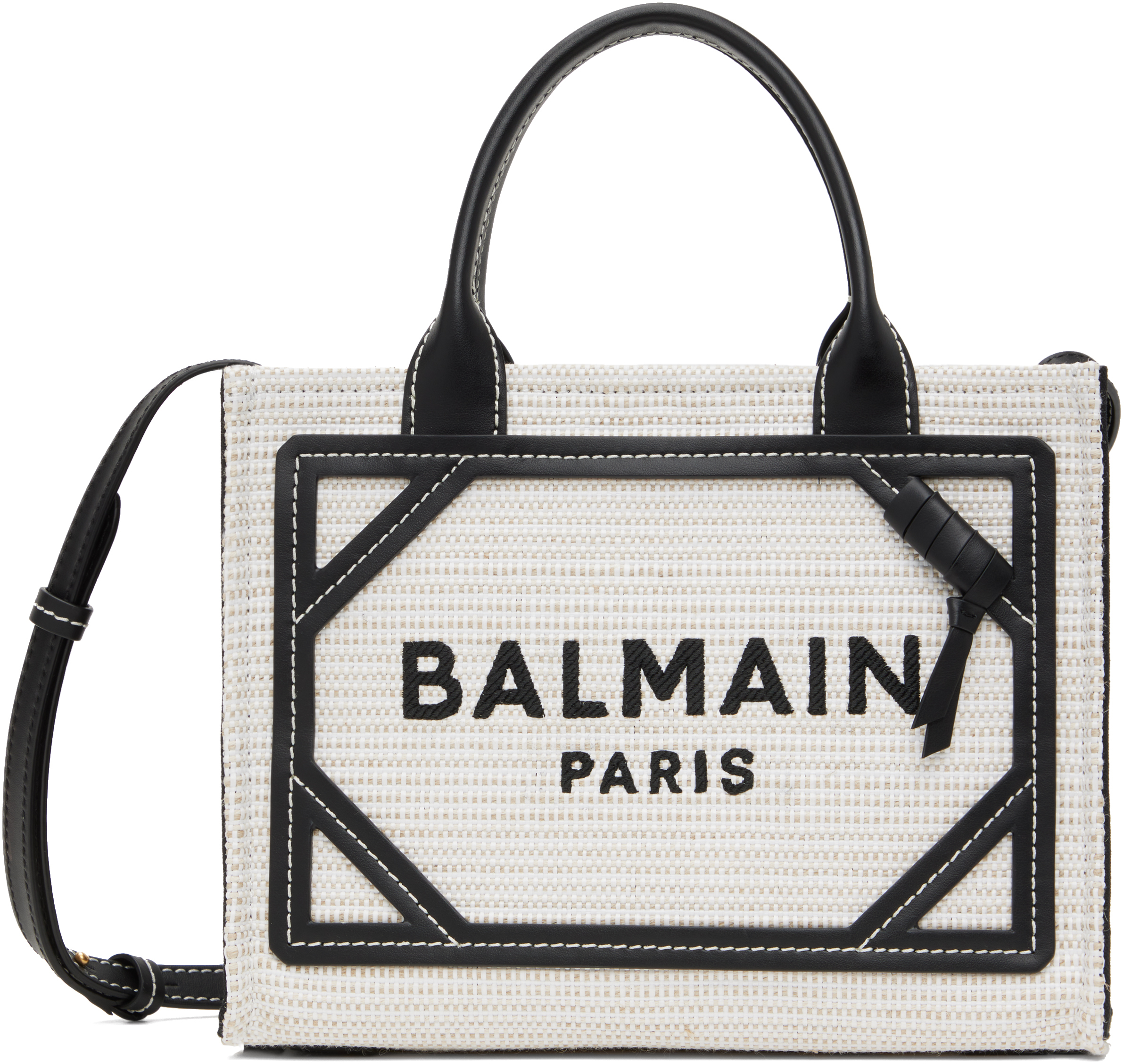 Balmain Gray & Black Small Raffia B-army Tote