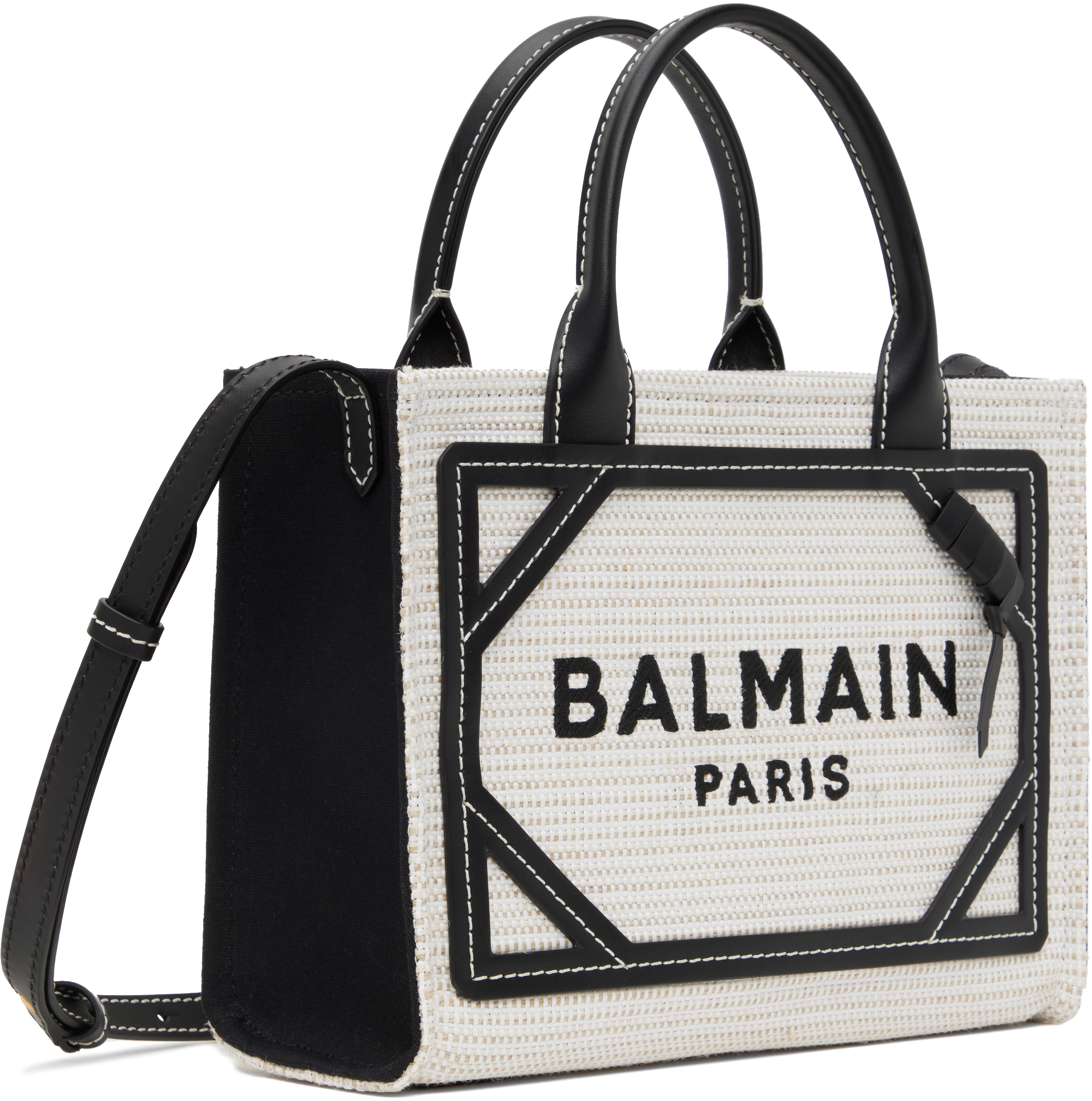Balmain Gray & Black Small Raffia B-army Tote