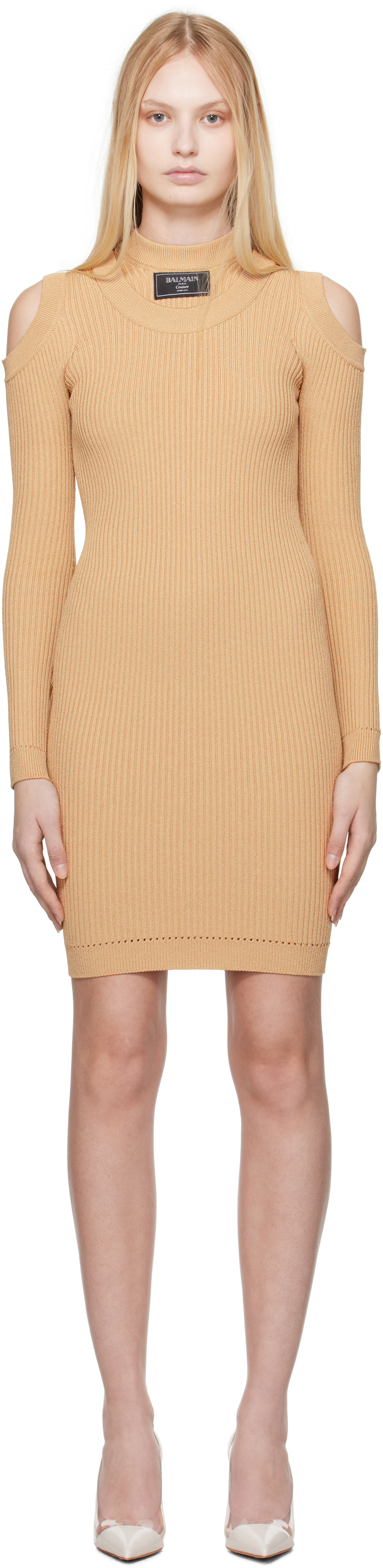 Balmain Beige Shoulder Cut Knit Minidress In 0dc Nude